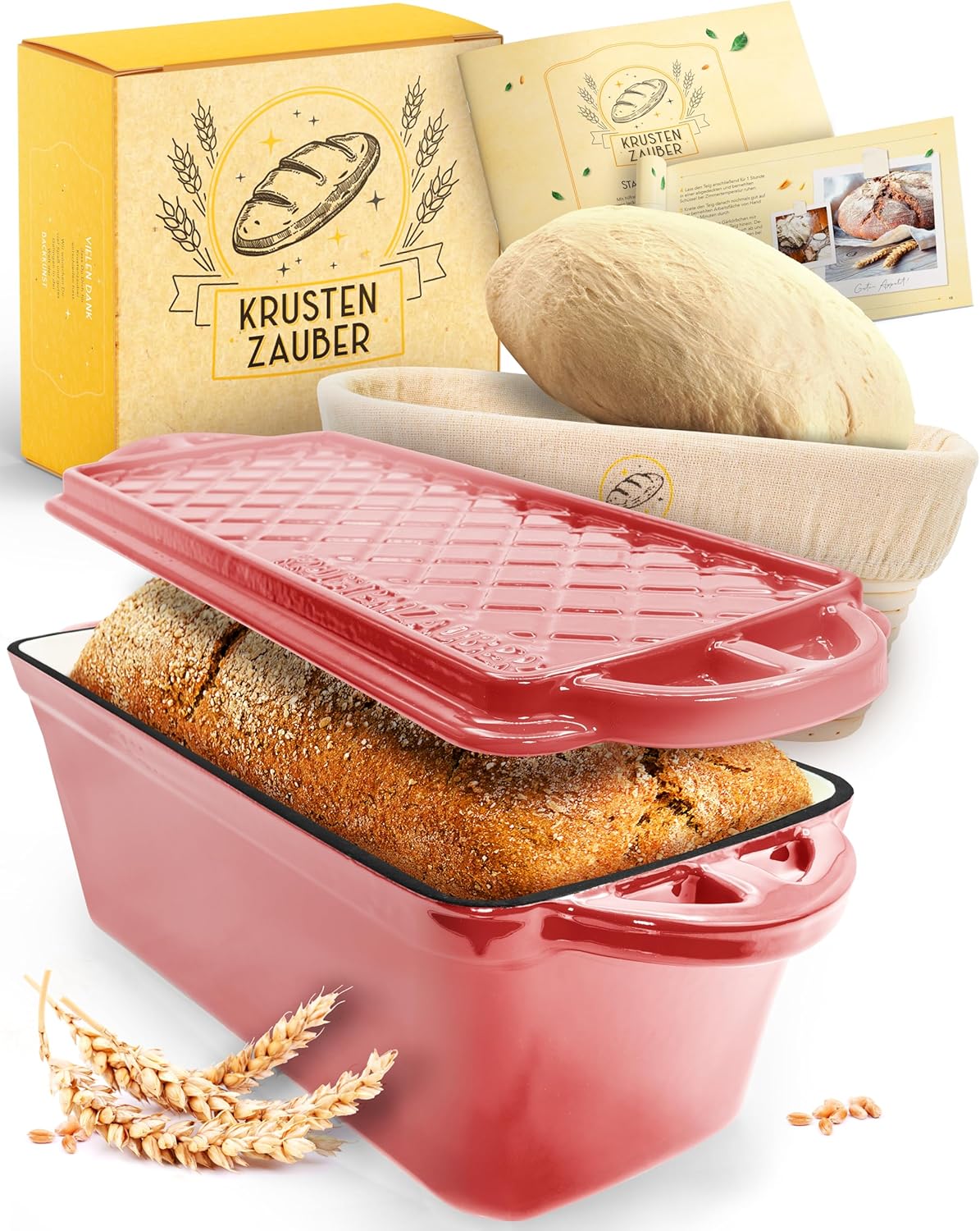 Brotbackfrom mit Deckel inkl. Gärkorb, Rosa Kastenform