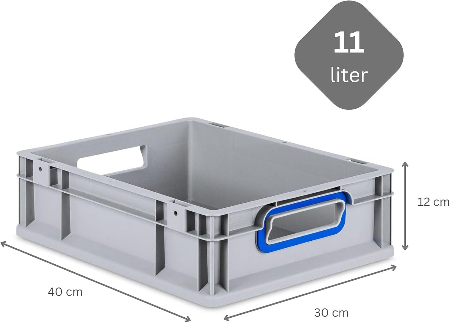 Eurobox NextGen Stapelbehälter (11 L, Griffe offen), HxBxT 12x30x40cm, 11 Liter Grau - Griffe Blau Offen