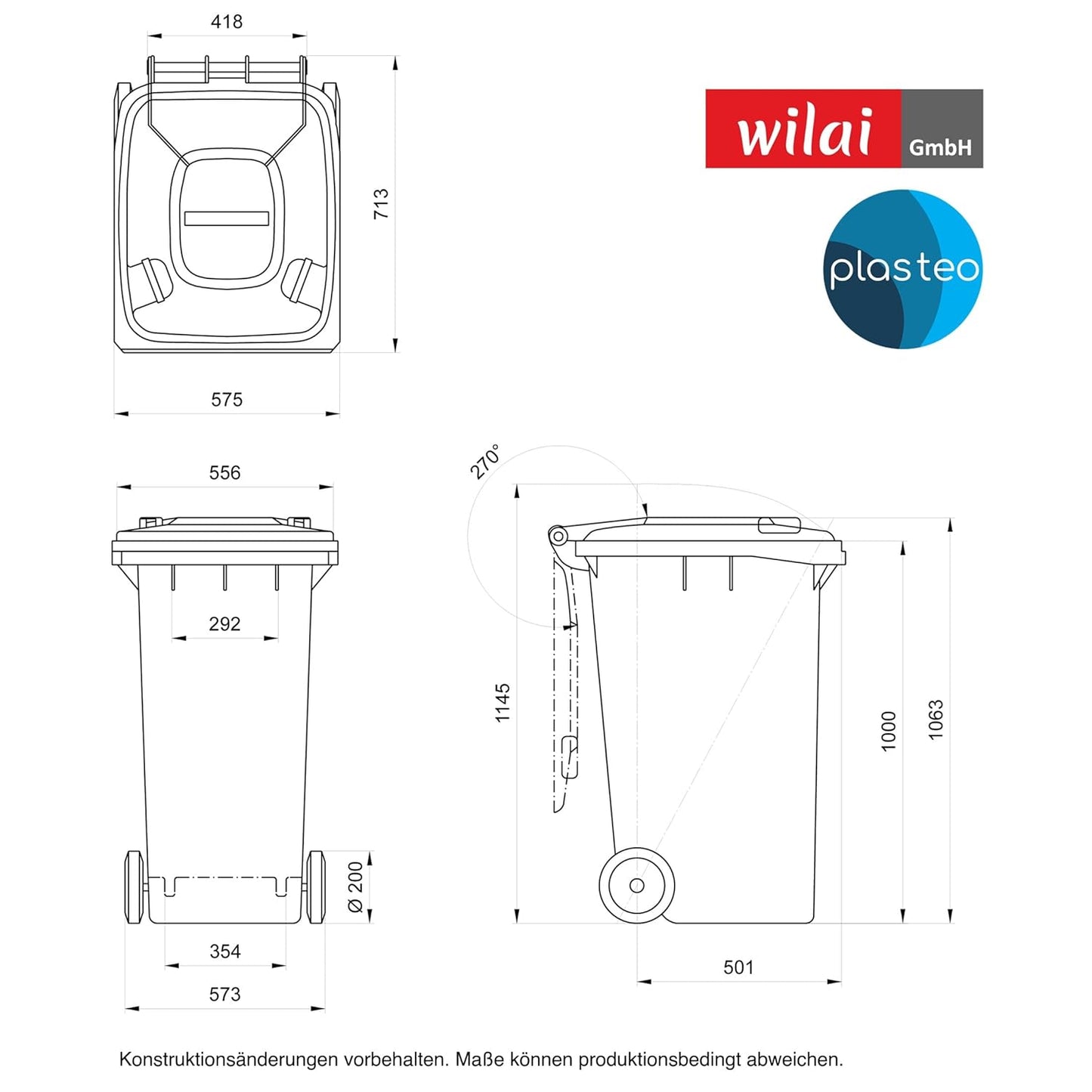 Mülltonne mit ergonomischen Griffen und Rädern, Gelb 240 Liter