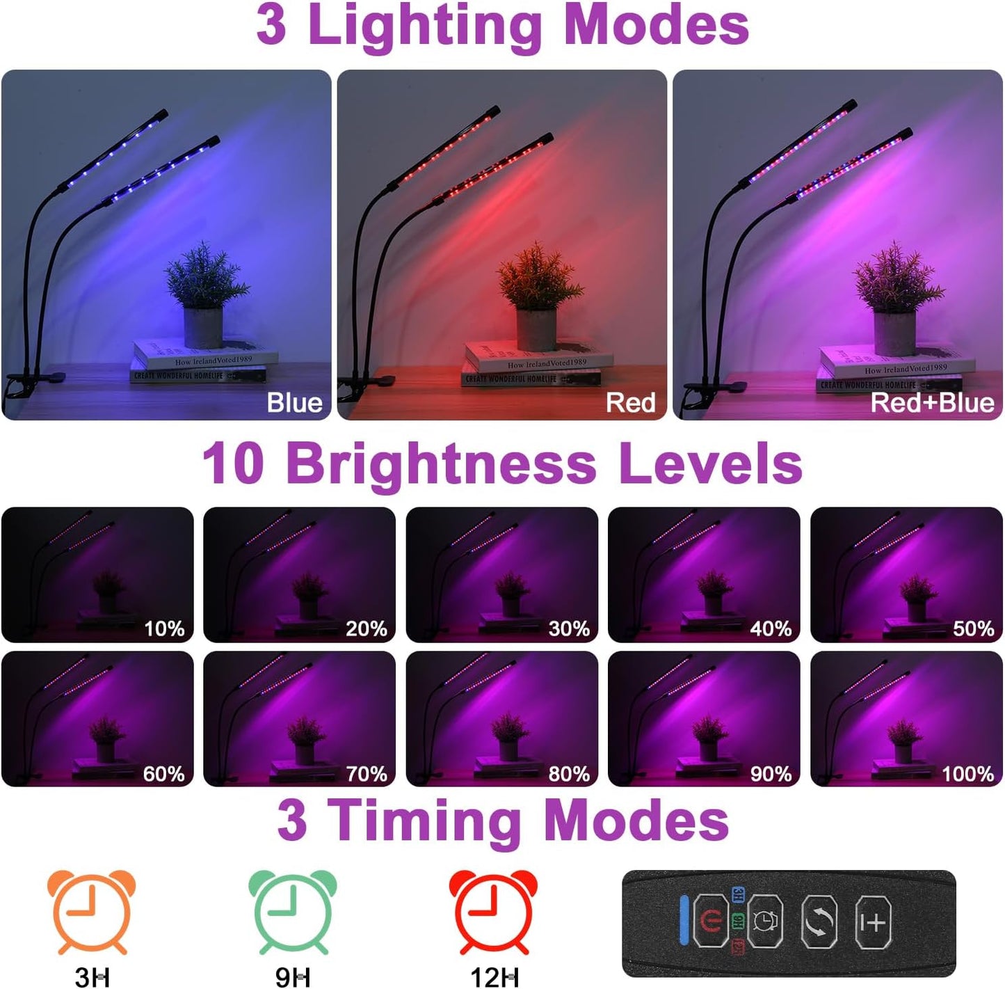 LED Pflanzenlampe mit Timer, 2 Köpfe, Dimmbar