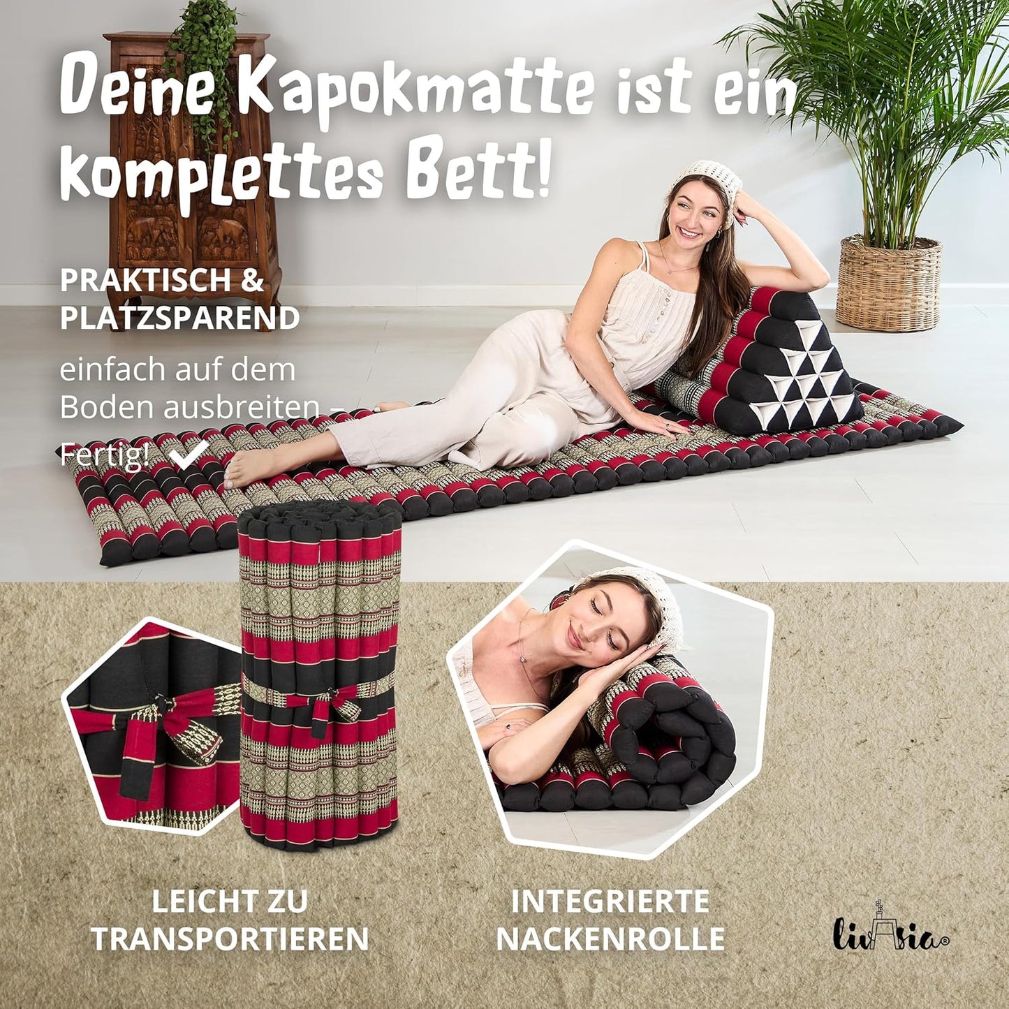 Rollmatratze Gästebett Thaimatte (200x75cm), M (200 x 75 cm) Schwarz/Rot