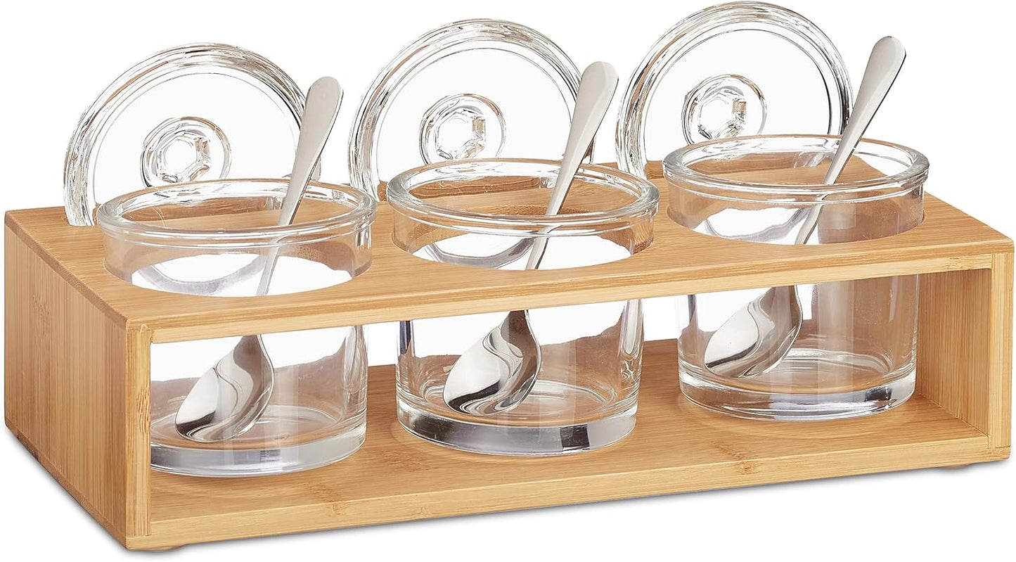 Gewürzgläser Set mit Bambushalter und Löffeln (3-teilig)