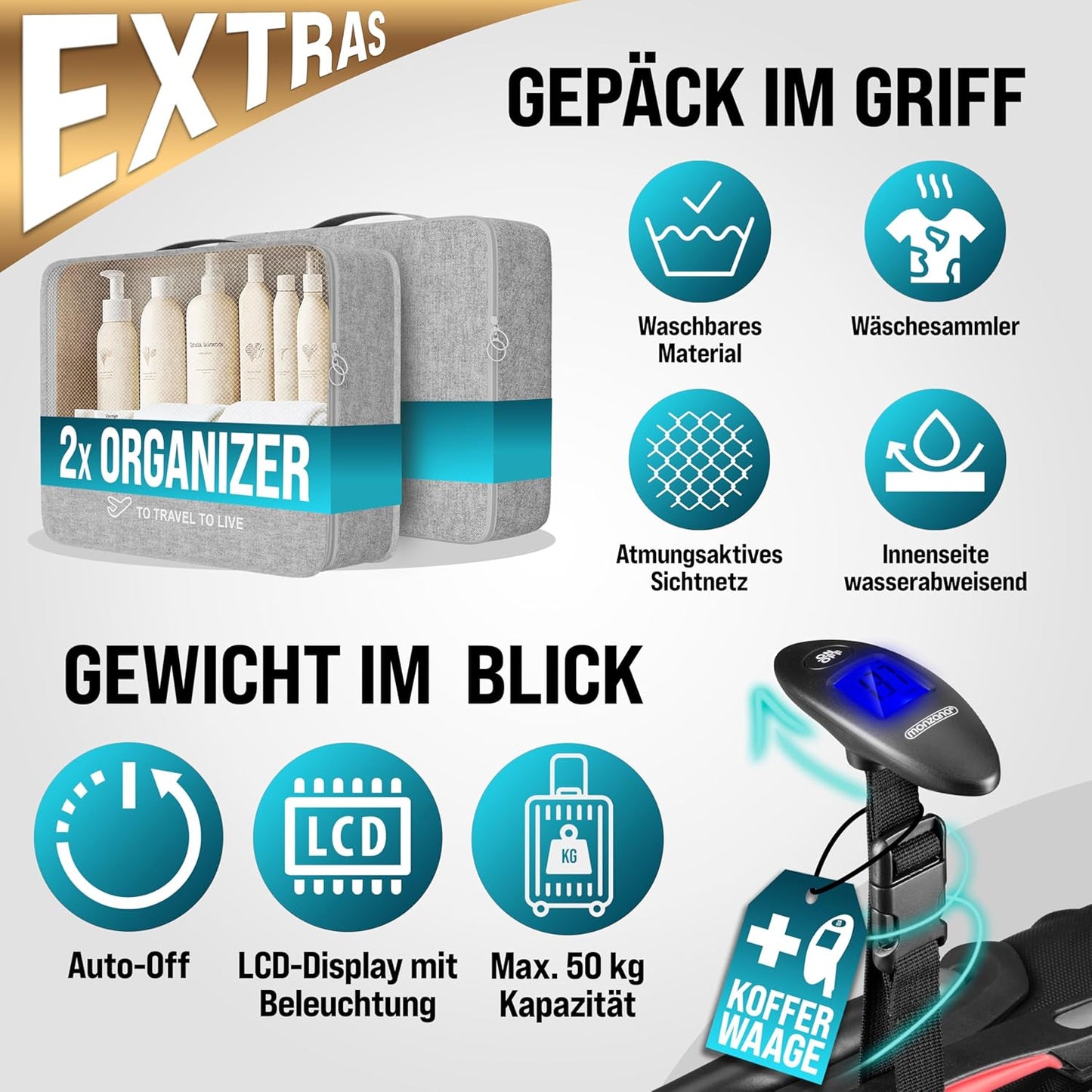 Hartschalenkoffer mit Zubehör 4er Set, Schwarz