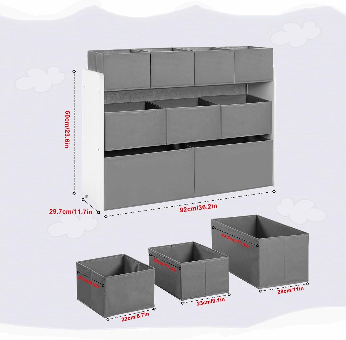 Kinder-Aufbewahrungsregal mit Vliesstoffboxen, Weiss+grau 92x60x30 cm