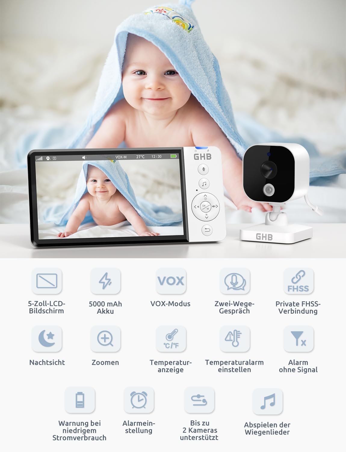 ABM700E Babyphone mit Kamera und 5 Zoll HD-Display, manuell drehbar