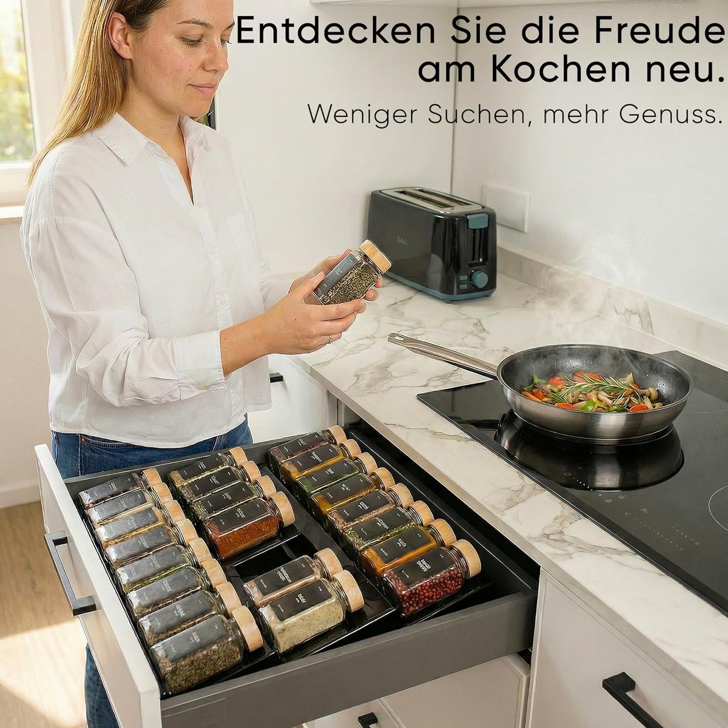 Gewürzgläser-Set mit Schubladeneinsatz, 24 Stk, ausziehbar, Schwarz, Deckel Bambus