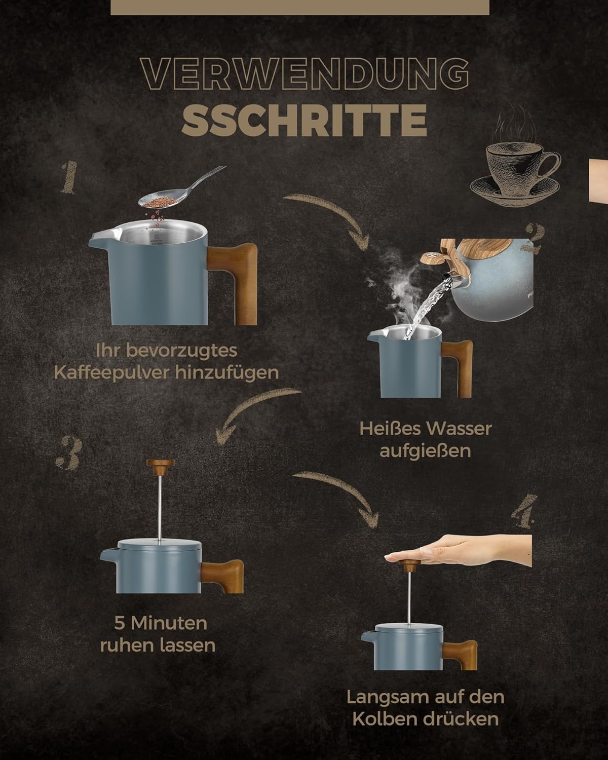 French Press Kaffeebereiter, Blau Glatte Oberfläche