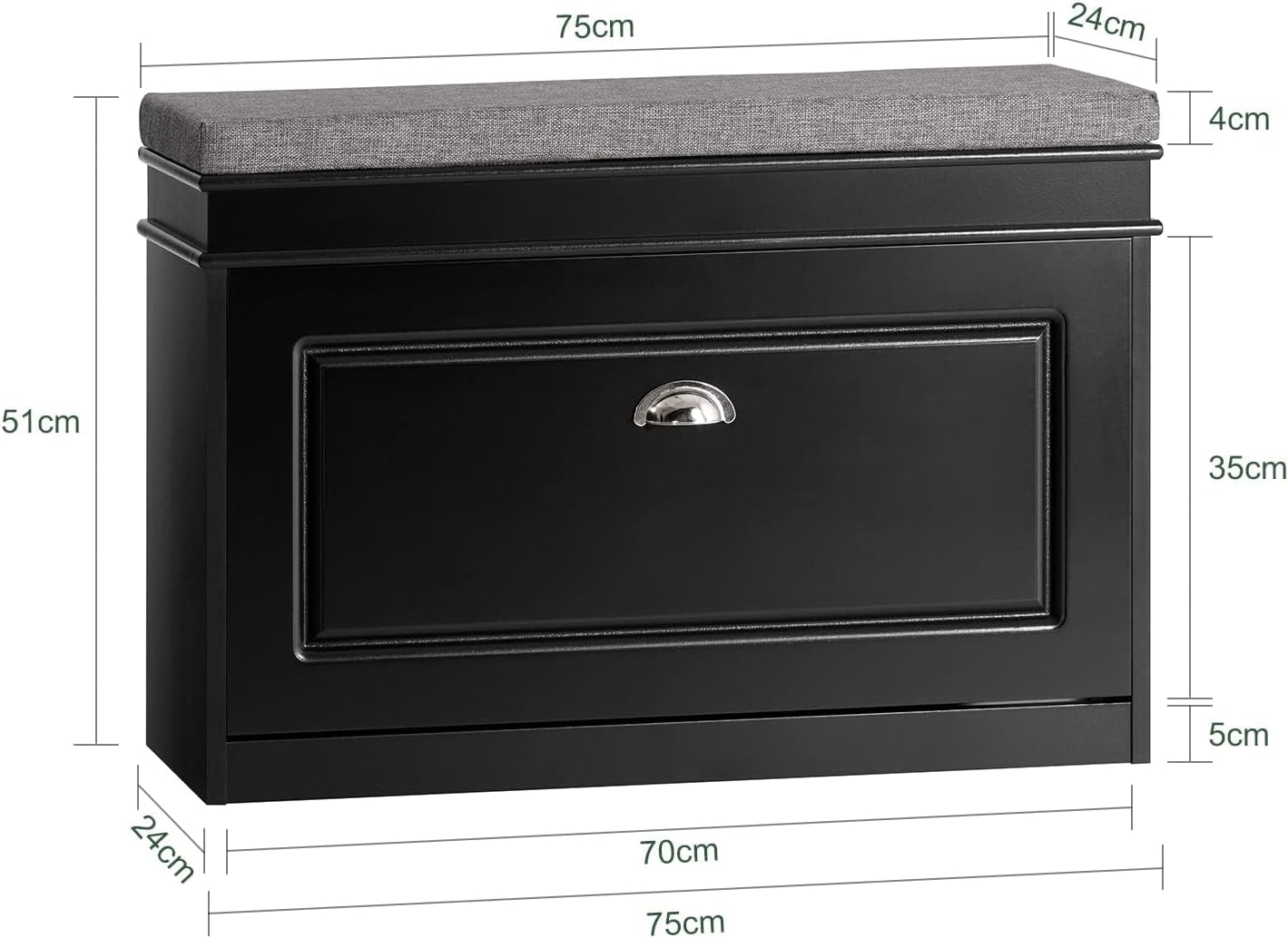 Schuhbank mit Sitzkissen und Stauraum, 75 x 51 x 24 cm Schwarz