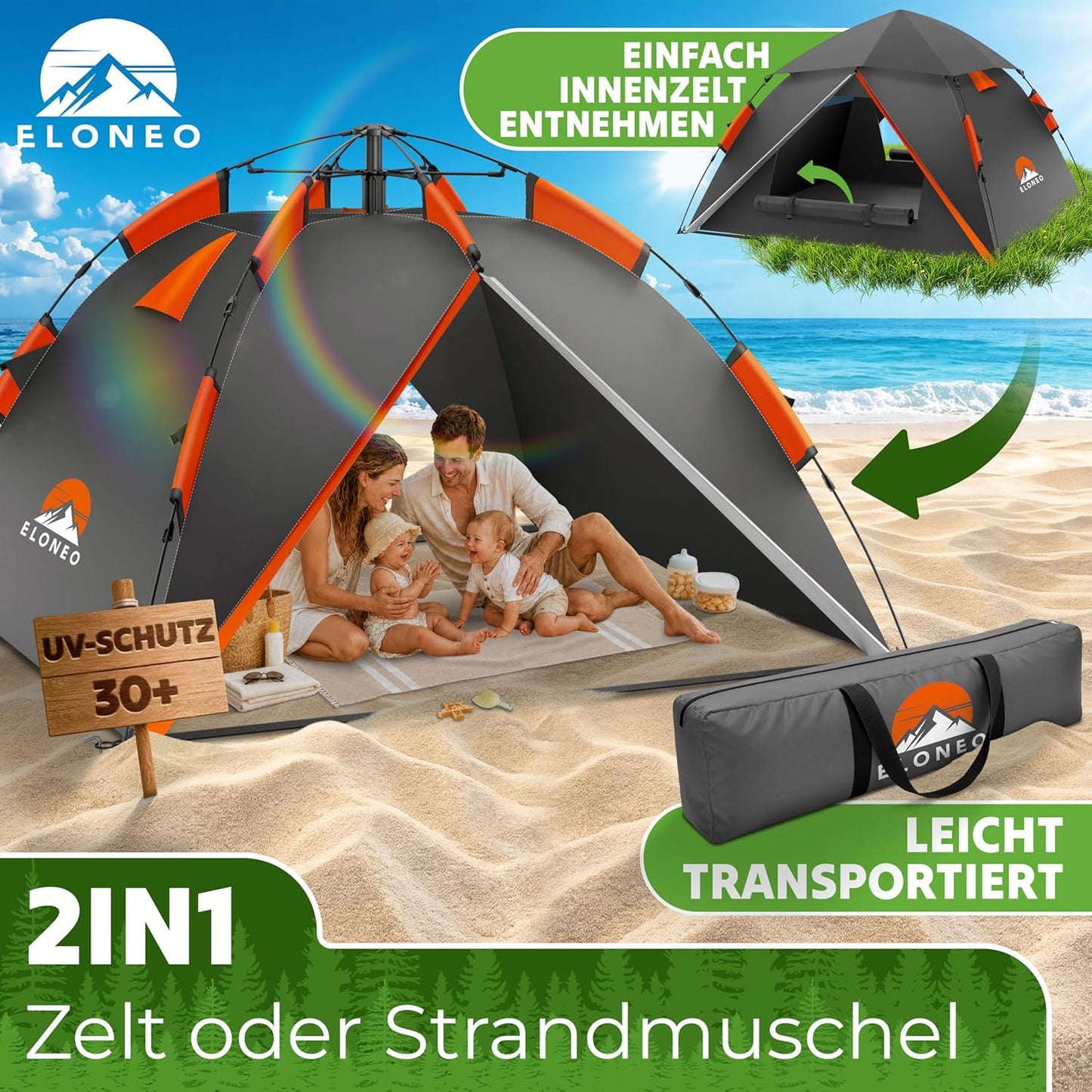 Zelt für 2-4 Personen, Anthrazit
