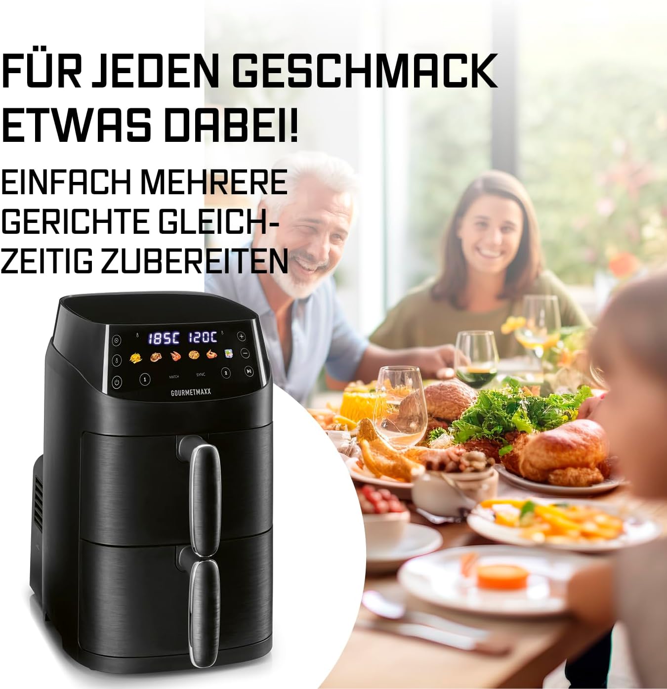FryUp Vertikale Doppelkammer Heissluftfritteuse mit MultiColour-LED-Touchdisplay, Schwarz 5 Liter (2x 2,5L)