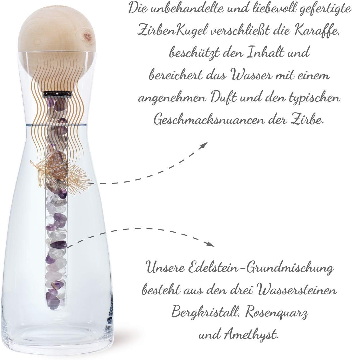 Edelsteinstab für Wasser mit Zirbenkugel (3 Edelsteine)