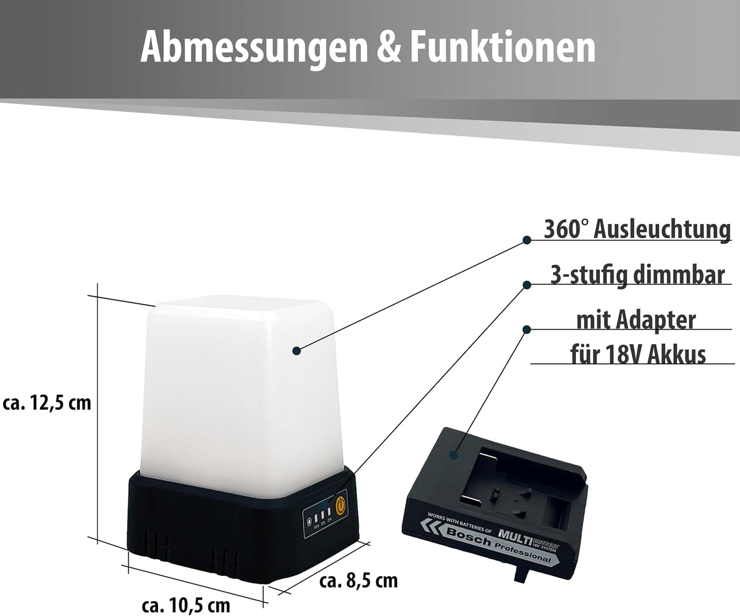 LED-Arbeitsleuchte mit 180° klappbarem Bosch-Adapter, 180° Klappbar Bosch-adapter