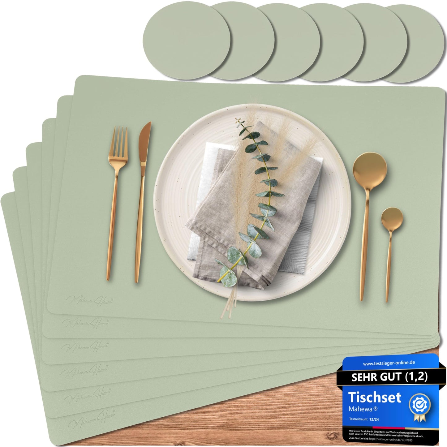 6er-Set Tischsets, abwaschbar, Mintgrün Eckig ohne Halter