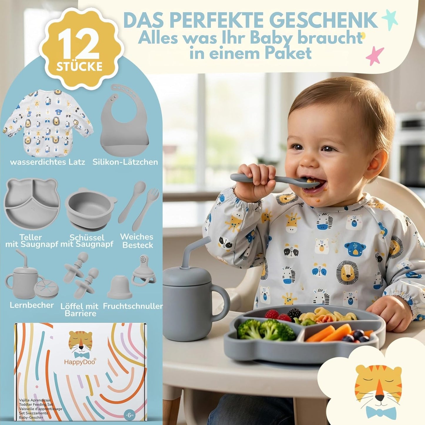 12-teiliges Baby-Geschirrset, Grau