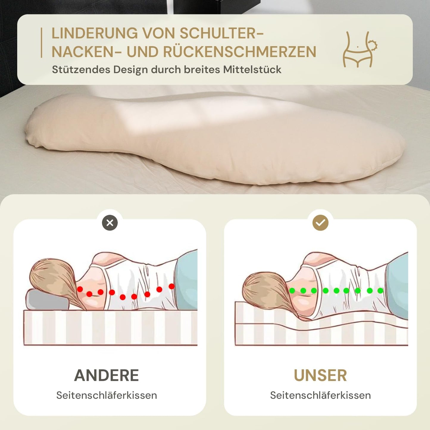 Baumwollbezug für Seitenschläferkissen (waschbar), Beige Nur Bezug