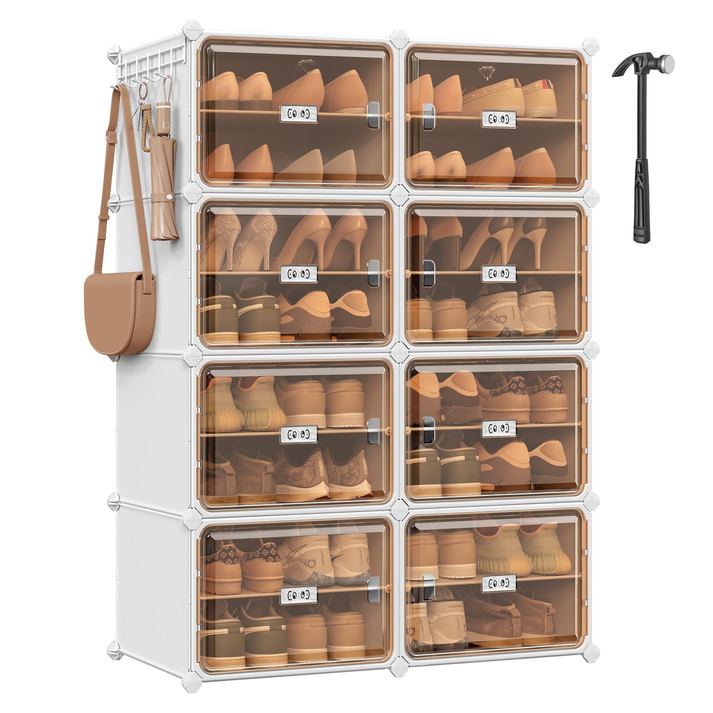 Schuhregal mit 8 Fächern, für 32 Paar Schuhe, Wolkenweiss + Transparentes Braun