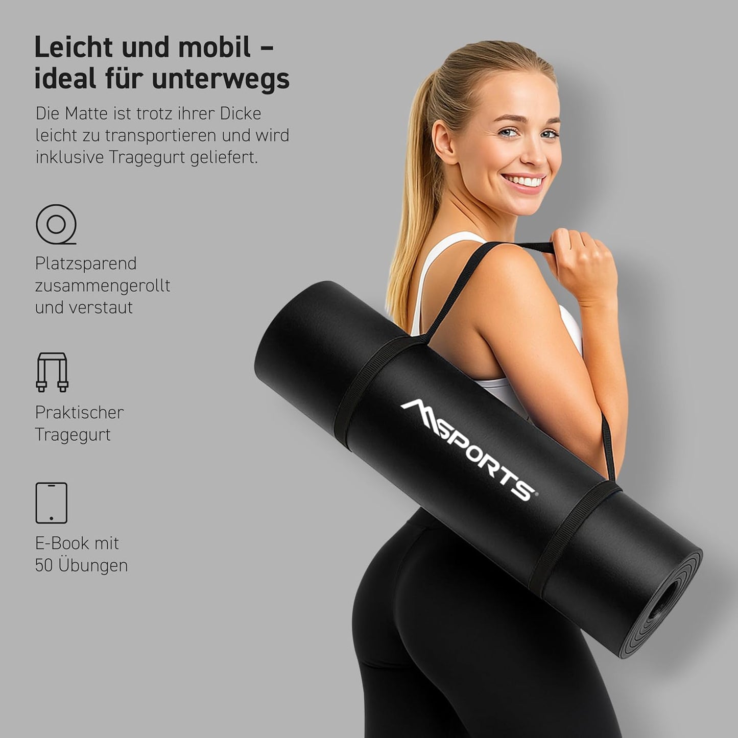 Gymnastikmatte Premium mit Tragegurt und Übungsposter, Schwarz - Matt 190 x 100 x 1,5 cm