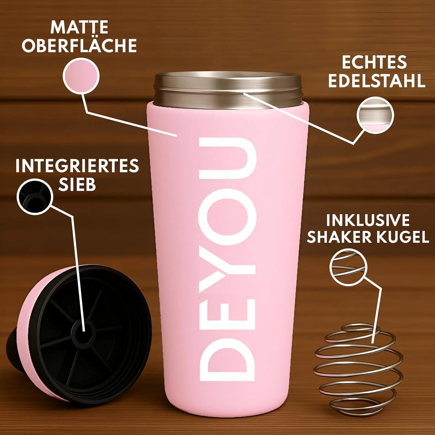 Shaker mit Zughilfen, Shaker Rosa, Zughilfen Rosa