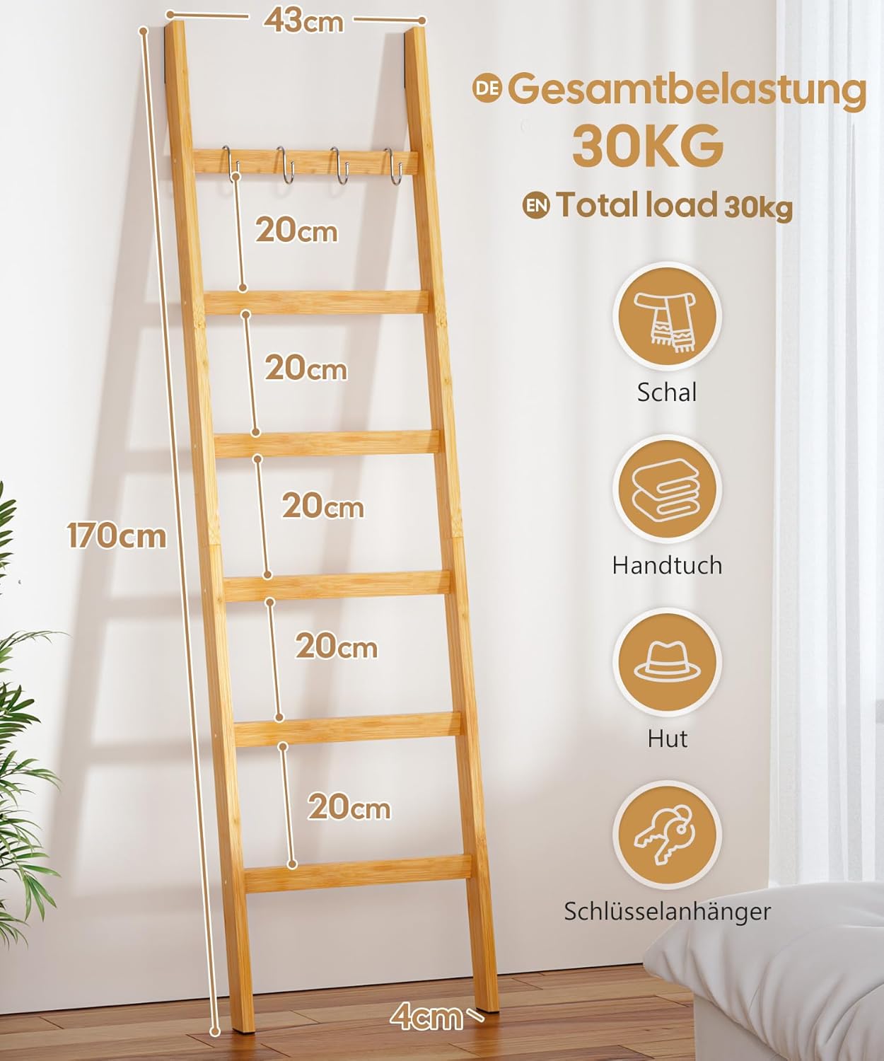 Handtuchleiter mit 6 Sprossen und Sicherheitsriemen, Bambus