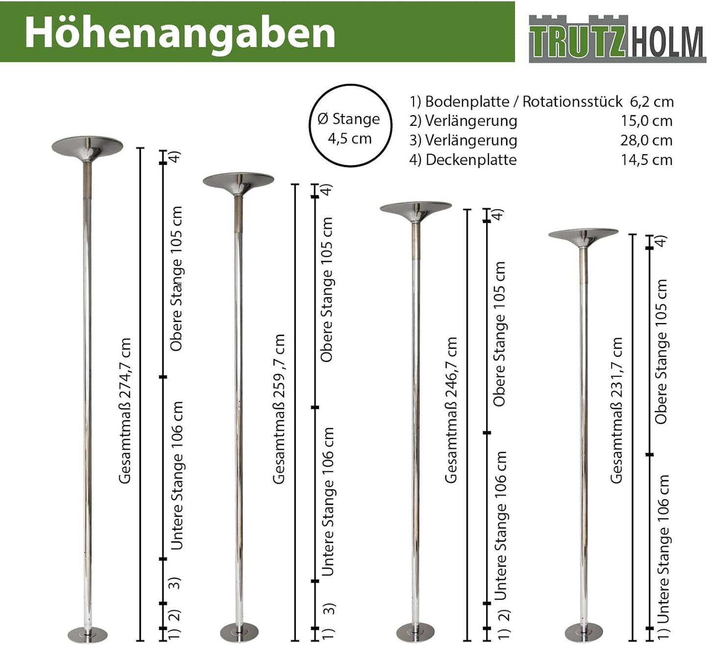 Pole Dance Stange, Static & Spinning (231-274 cm), Silber