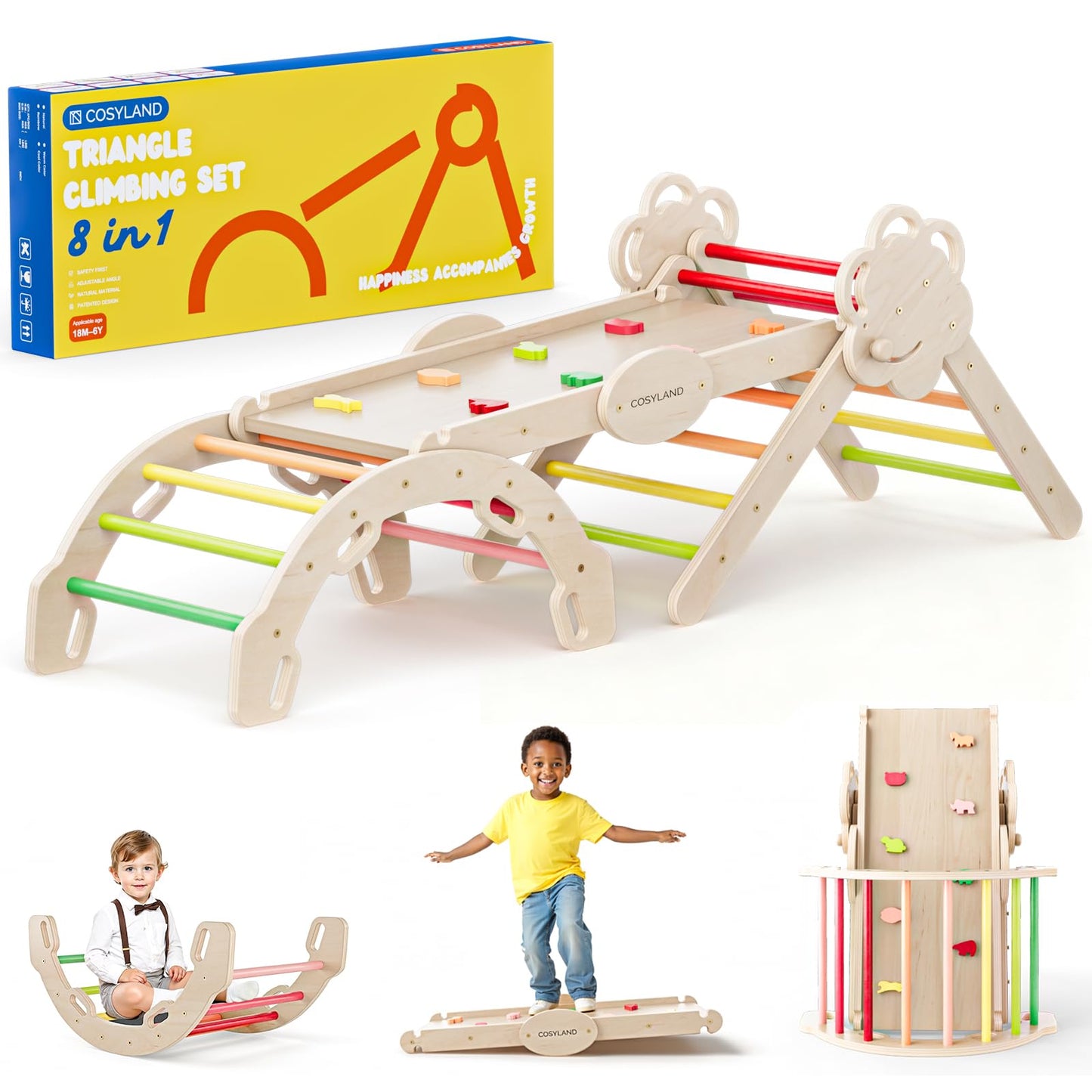 8-in-1 Klettergerüst Indoor mit Rutsche, L Natur/Warmfarben