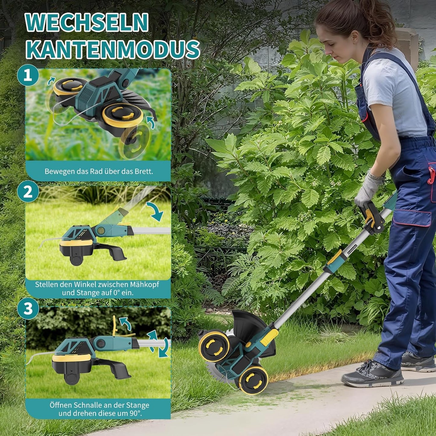 5-in-1 Akku-Rasentrimmer mit Unkrautbürste und Freischneider, Blau