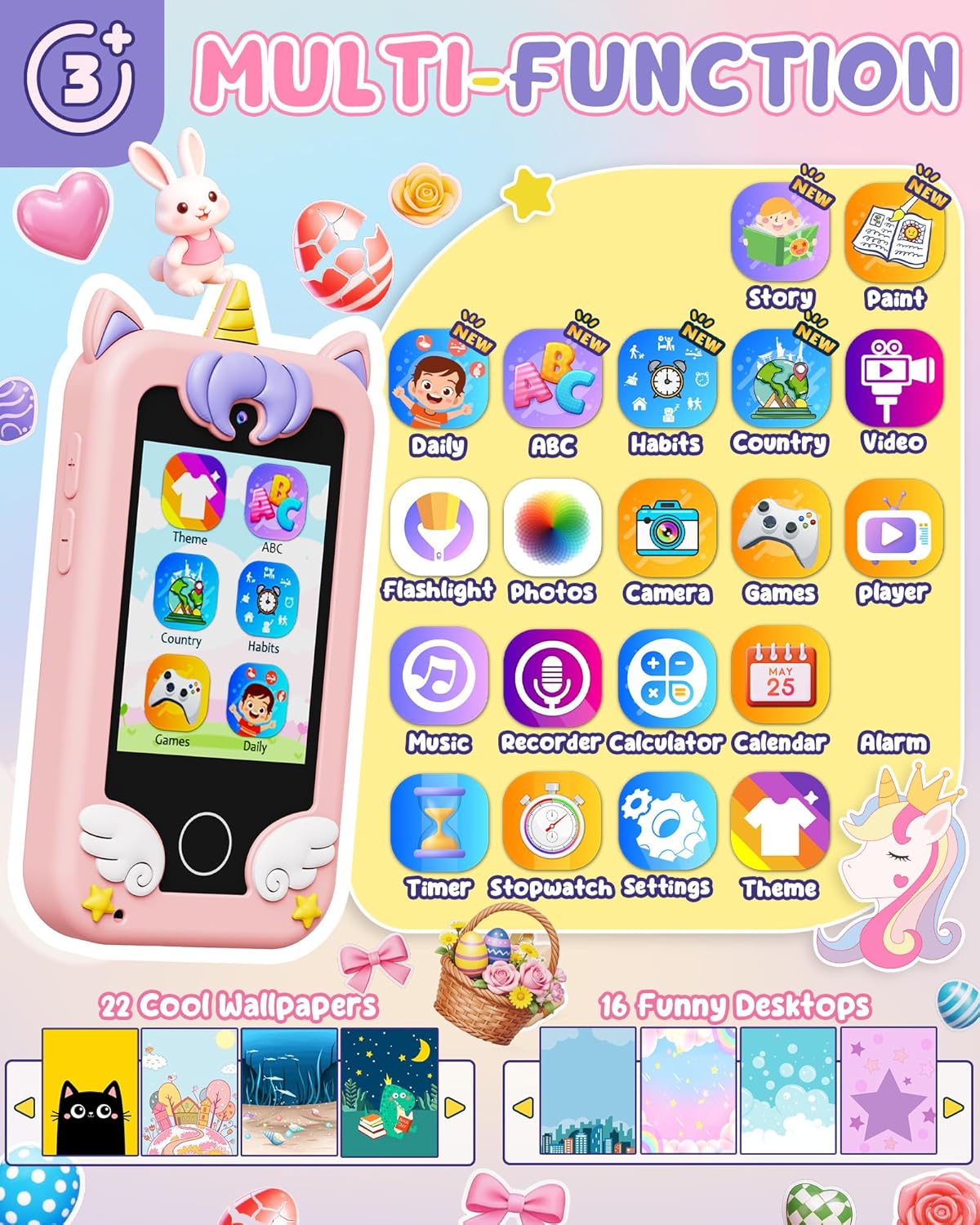 Kinder Handyspielzeug mit Dual-Kamera & MP3-Player, Rosa