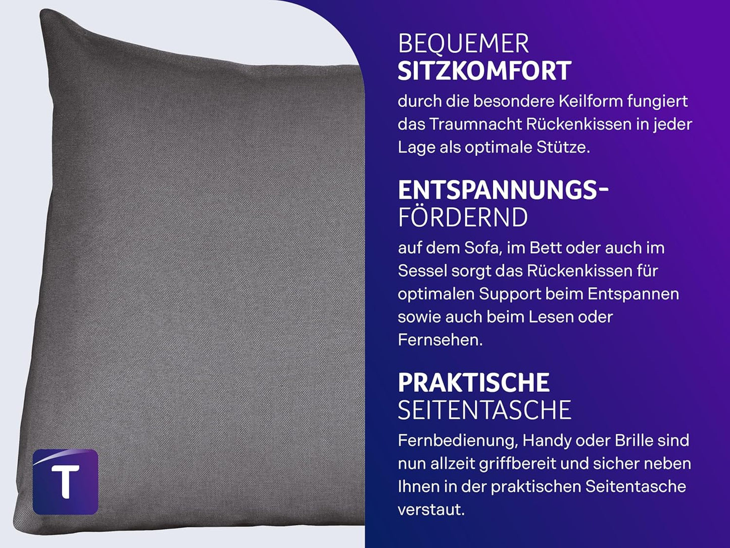 Lesekissen mit abnehmbarem Bezug, 70 x 40 cm, Dunkelgrau