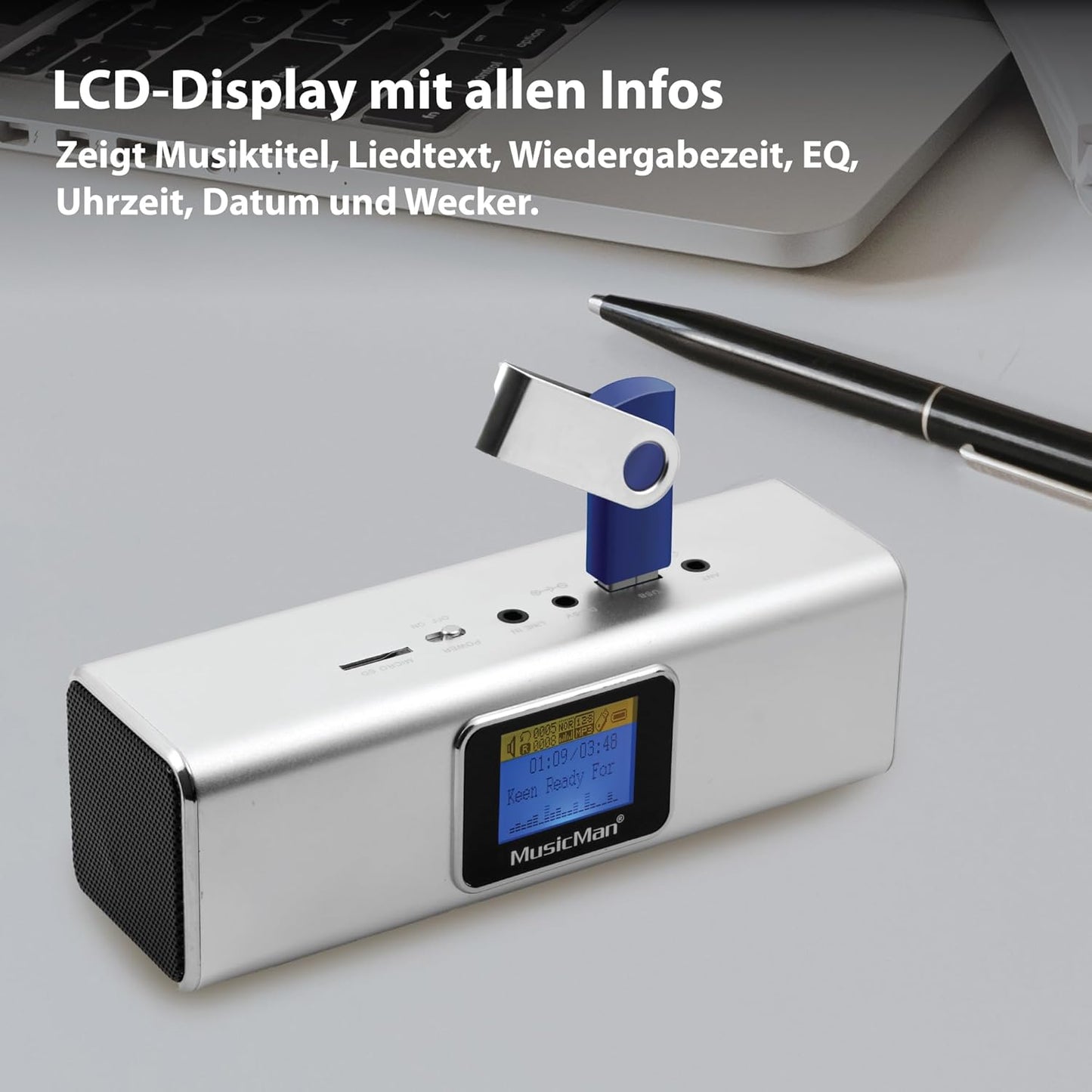 Mobiler Stereo Lautsprecher mit LCD Display, Silber mit Display Single