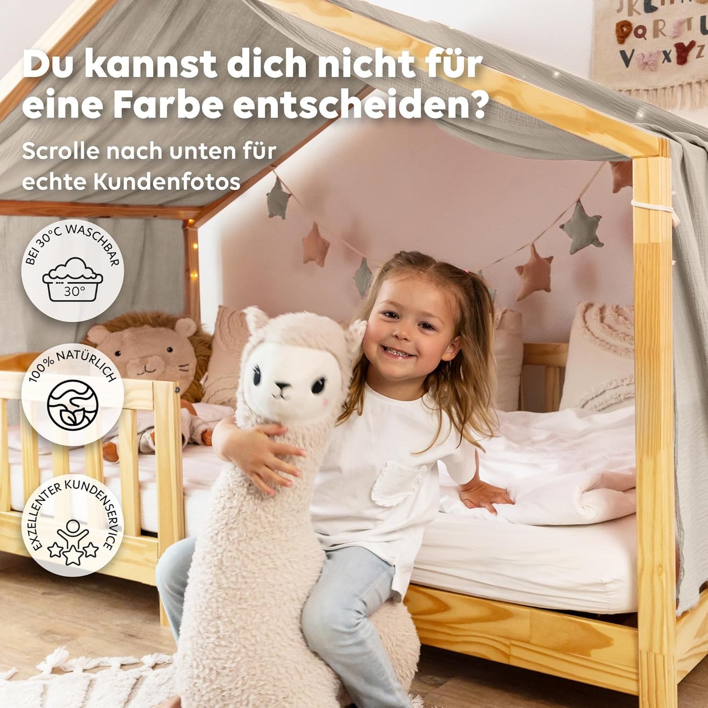 Handgefertigter Baumwoll-Vorhang für Hausbetten, Hellbeige 135 x 360cm ohne Goldapplikation
