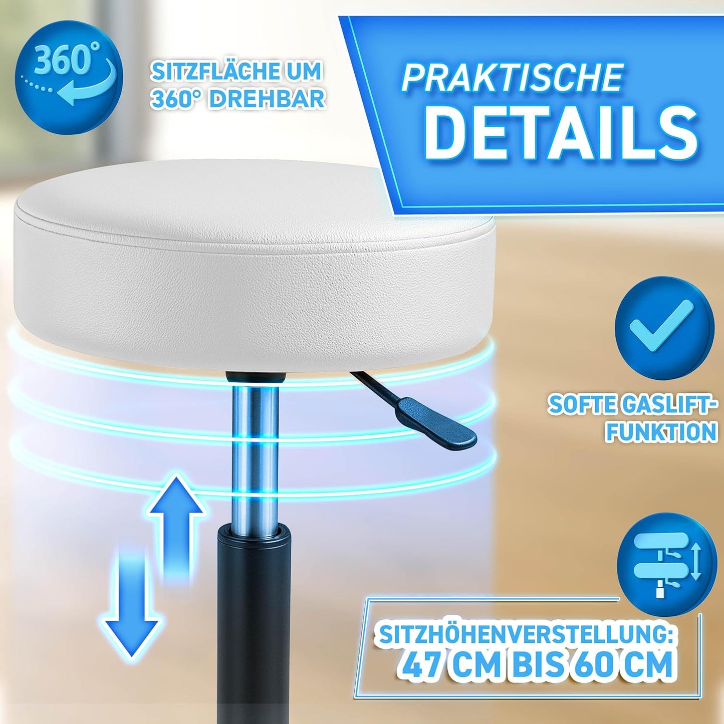 Höhenverstellbarer Rollhocker, Weiss