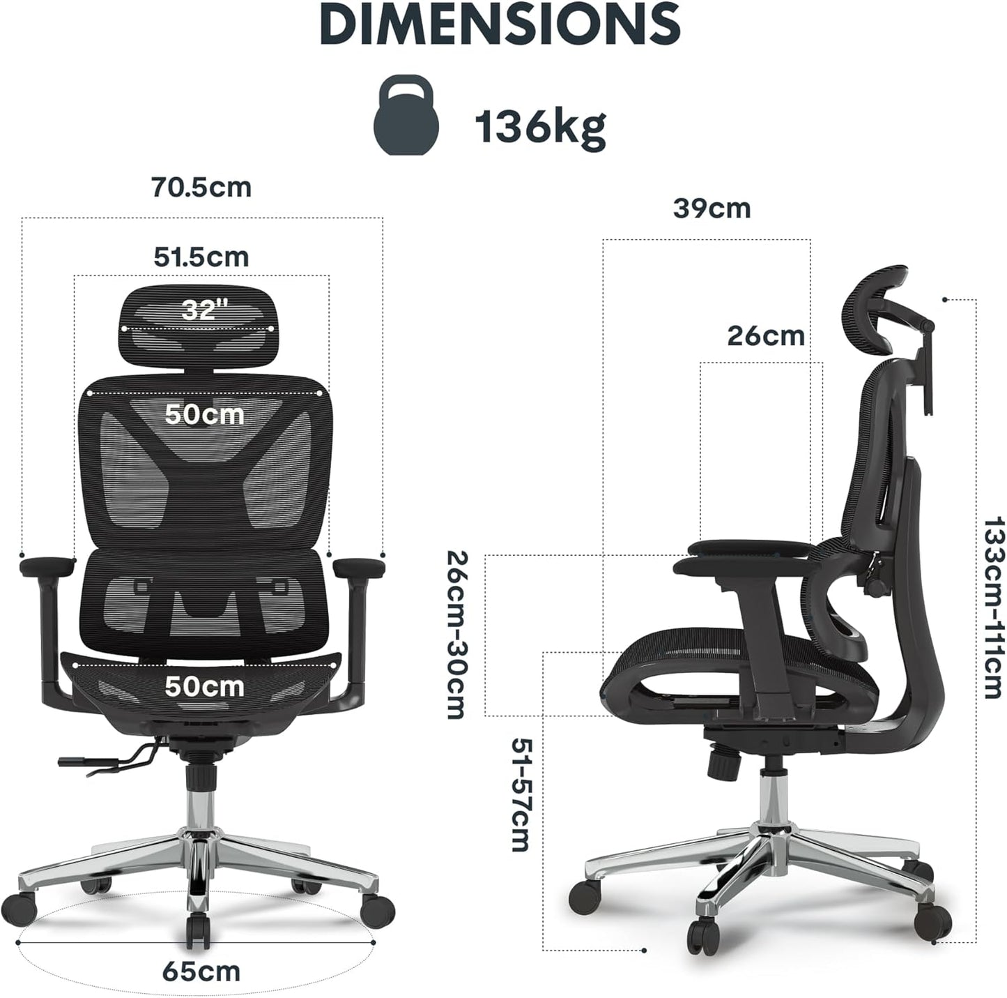 Ergonomischer Bürostuhl mit 3D-Armlehnen und Kopfstütze, Schwarz Lite