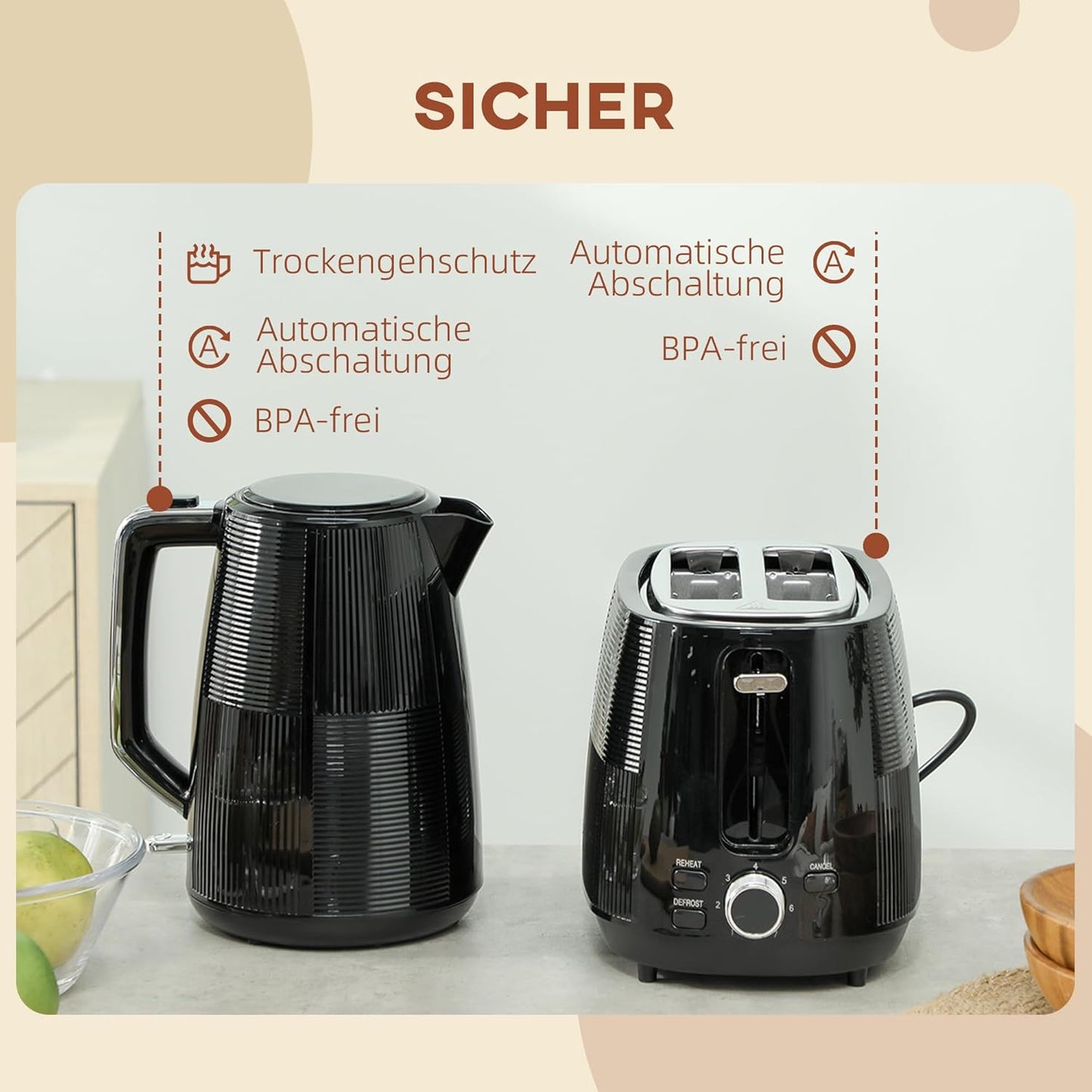 Wasserkocher- und Toaster-Set mit Kalkfilter