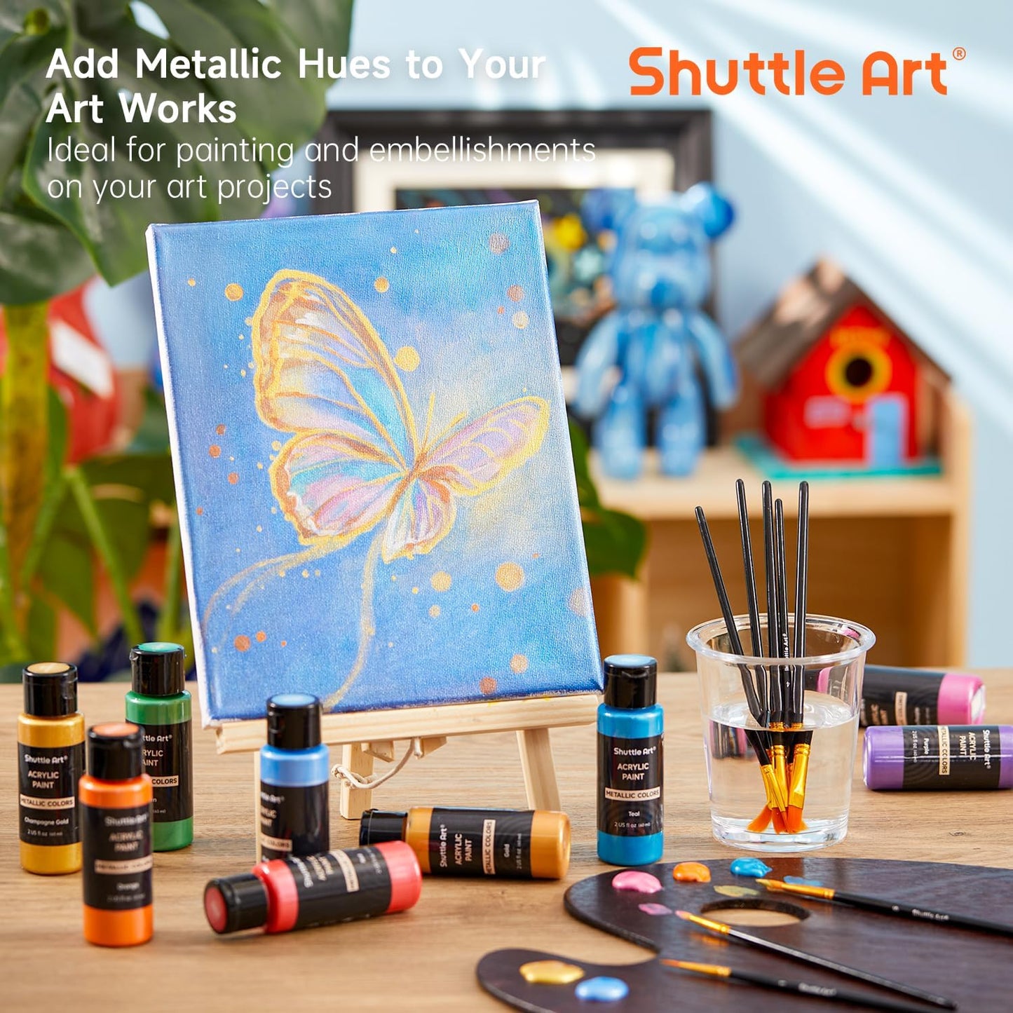 Metallic-Acrylfarben-Set inkl. Pinsel & Palette, 20 Farben mit Metallglanz