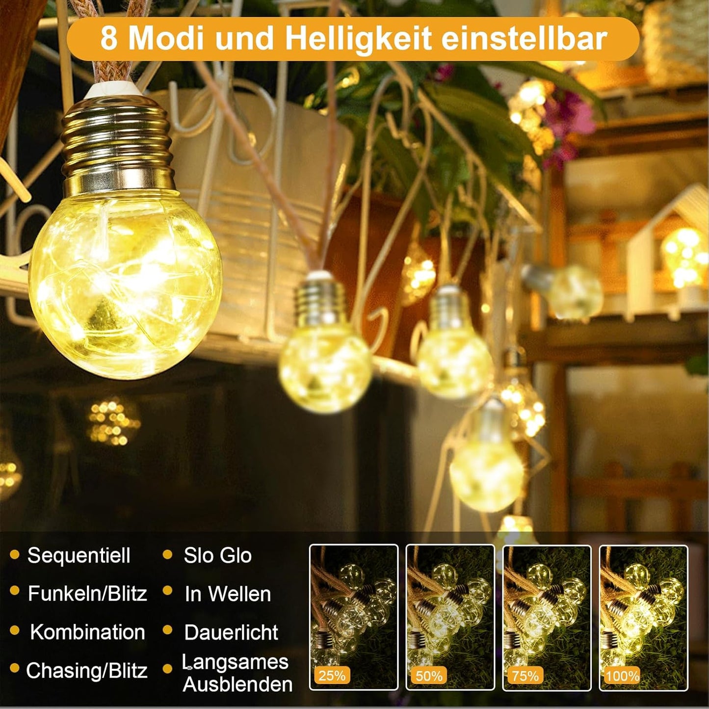 Solar Lichterkette mit 20 G40 Glühbirnen, 12,5M G40