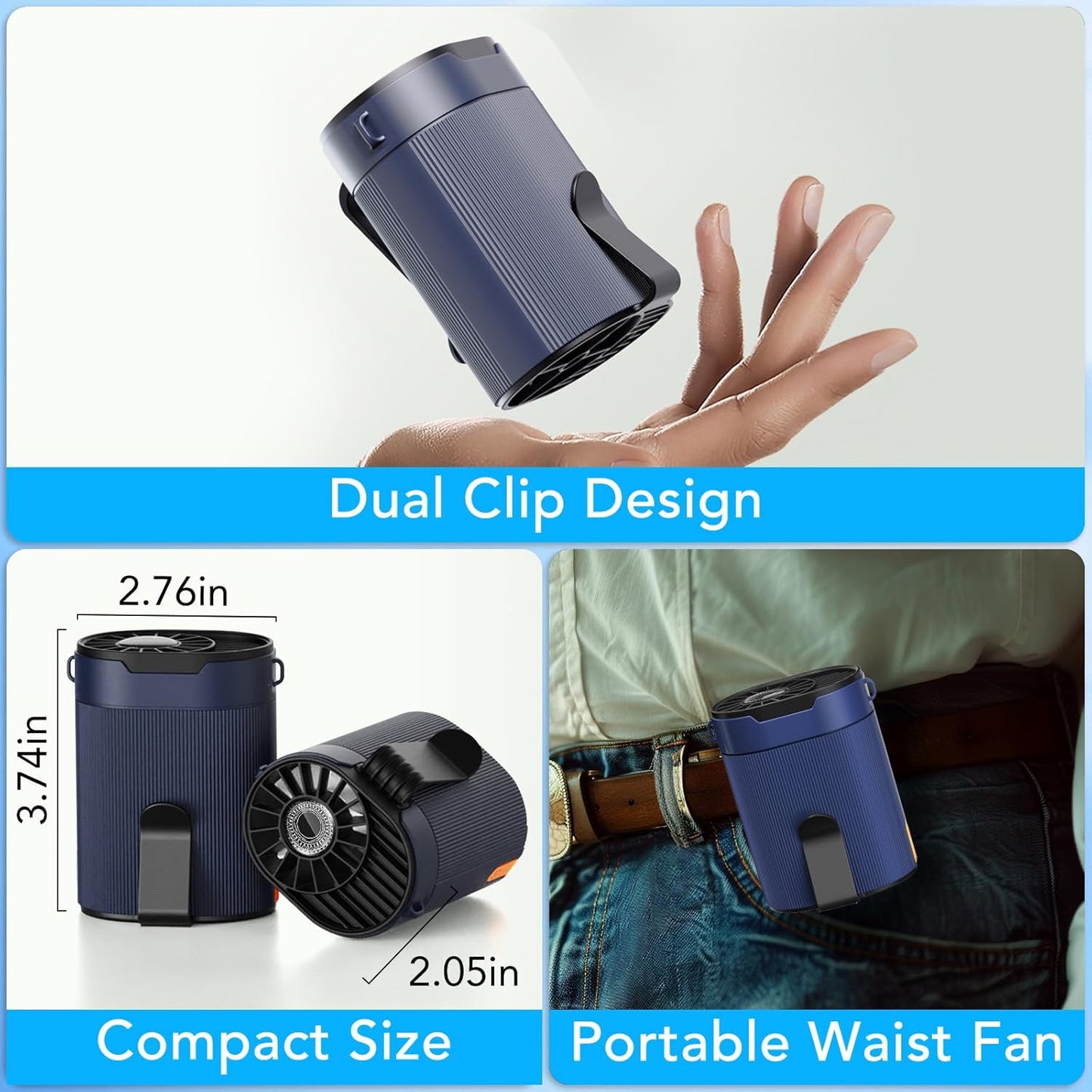 Tragbarer Akku-Ventilator Y1 mit Clip und 4 Stufen, Y1-blau