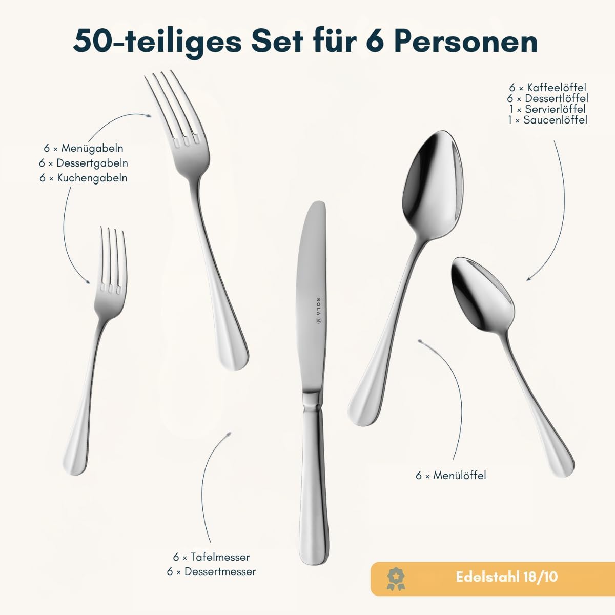 Hollands Glad Besteck-Set für 6 Personen, 6 Personen - 50 Teile Hollands Glad