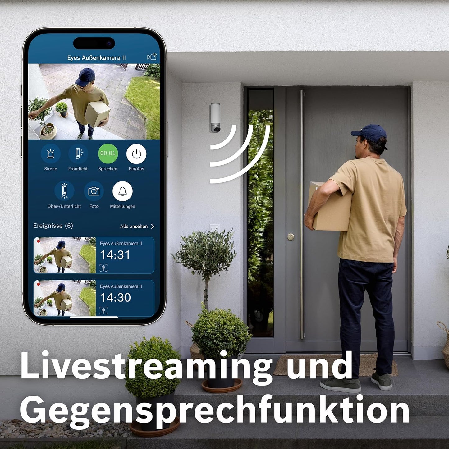 Bewegungsmelder-Kamera mit 1080p, Sirene, Alexa-Kompatibilität und Designleuchte, Aussenkamera II Anthrazit