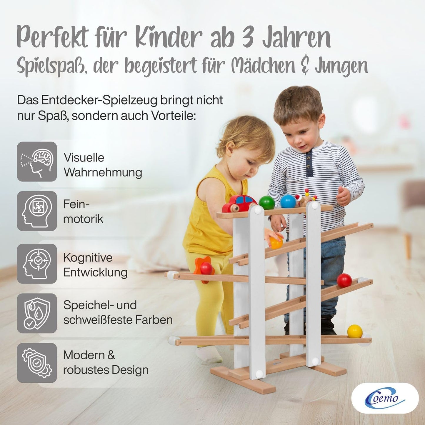 Kugelbahn mit Auto, Blume, Kasper und Kugeln, L Grau