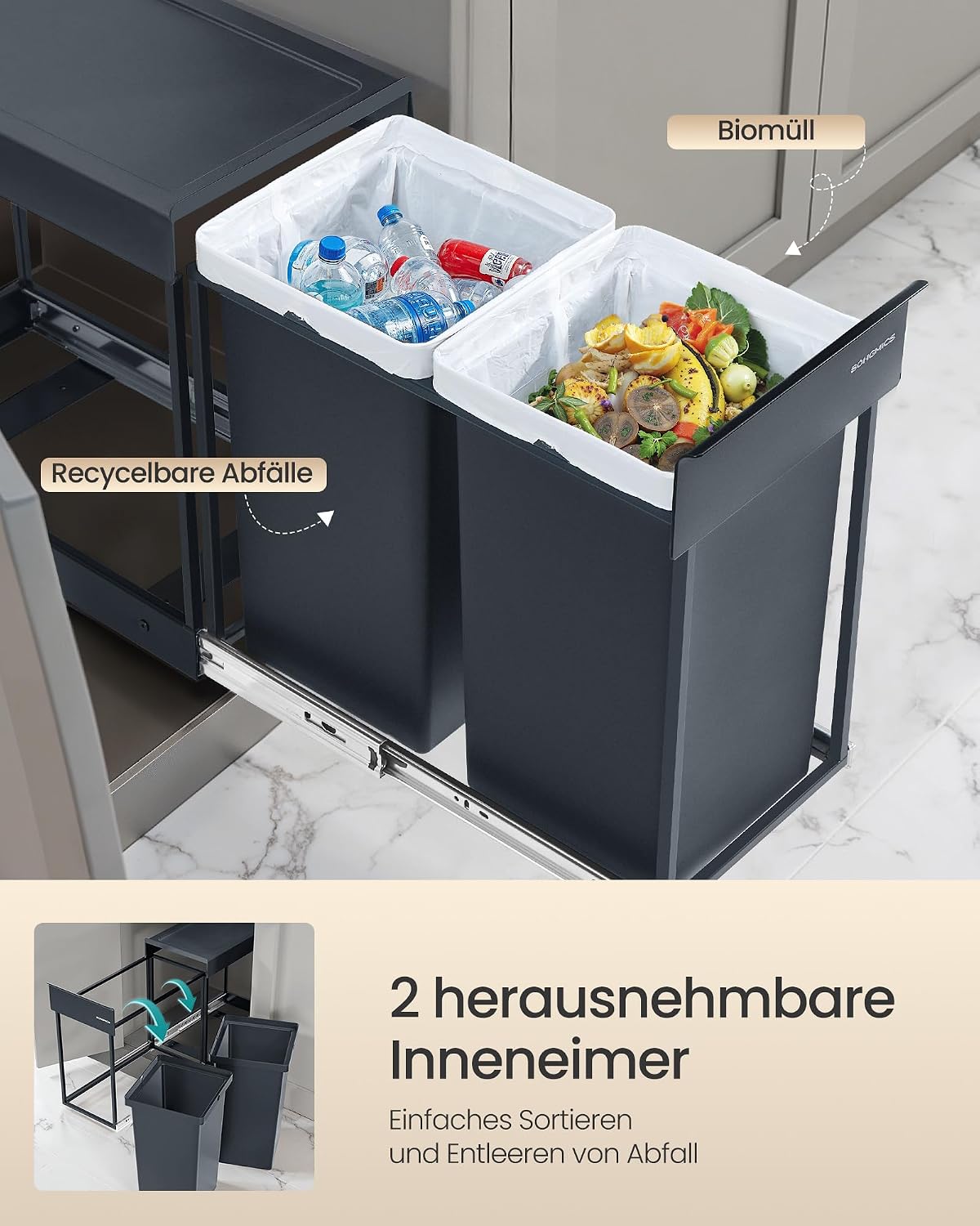 Mülltrennsystem für Unterschrank, ausziehbar (2 x 15 L), grau 2 x 15 L