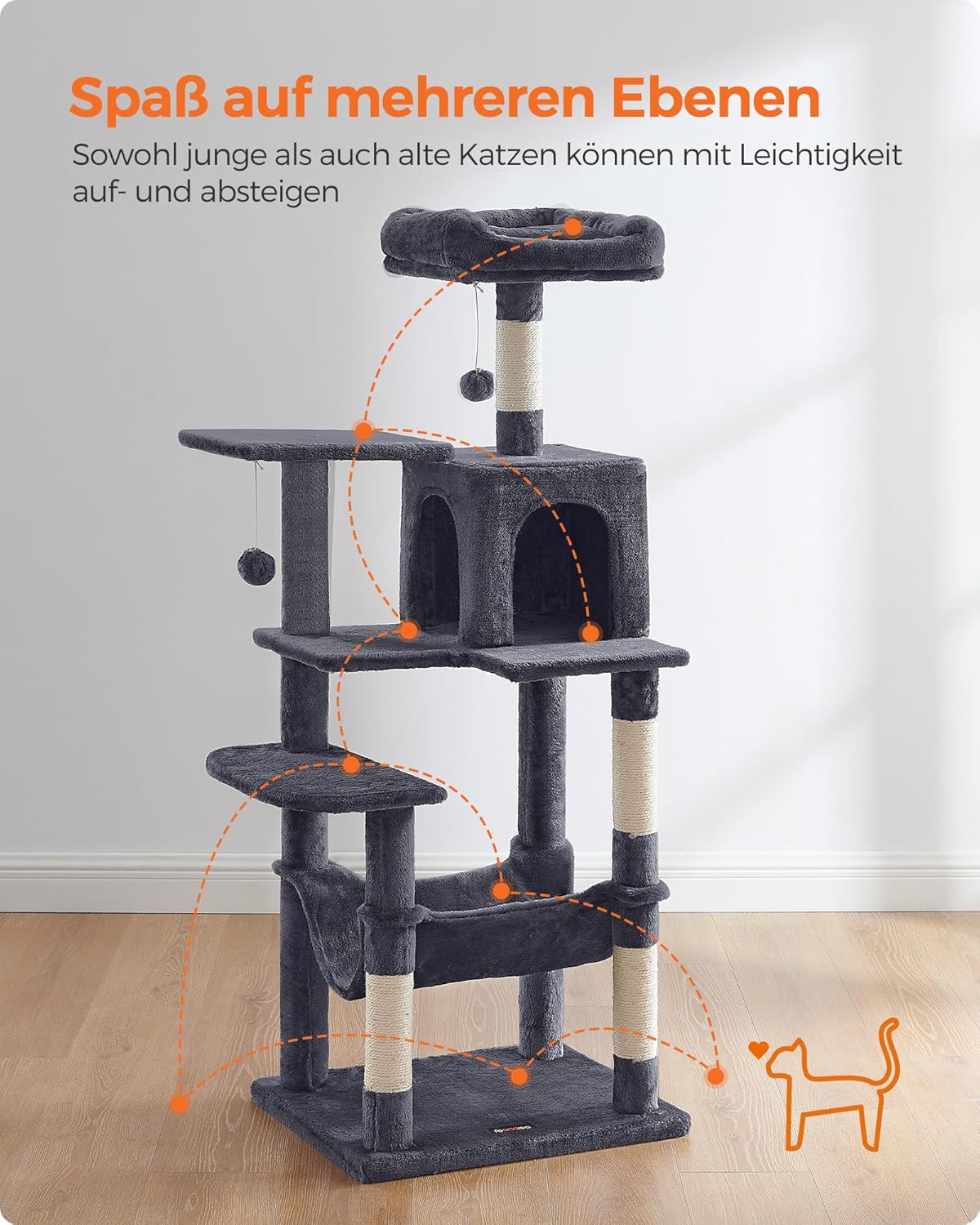 Kratzbaum mit Hängematte und Höhle, L (55 x 45 x 143 cm) Rauchgrau