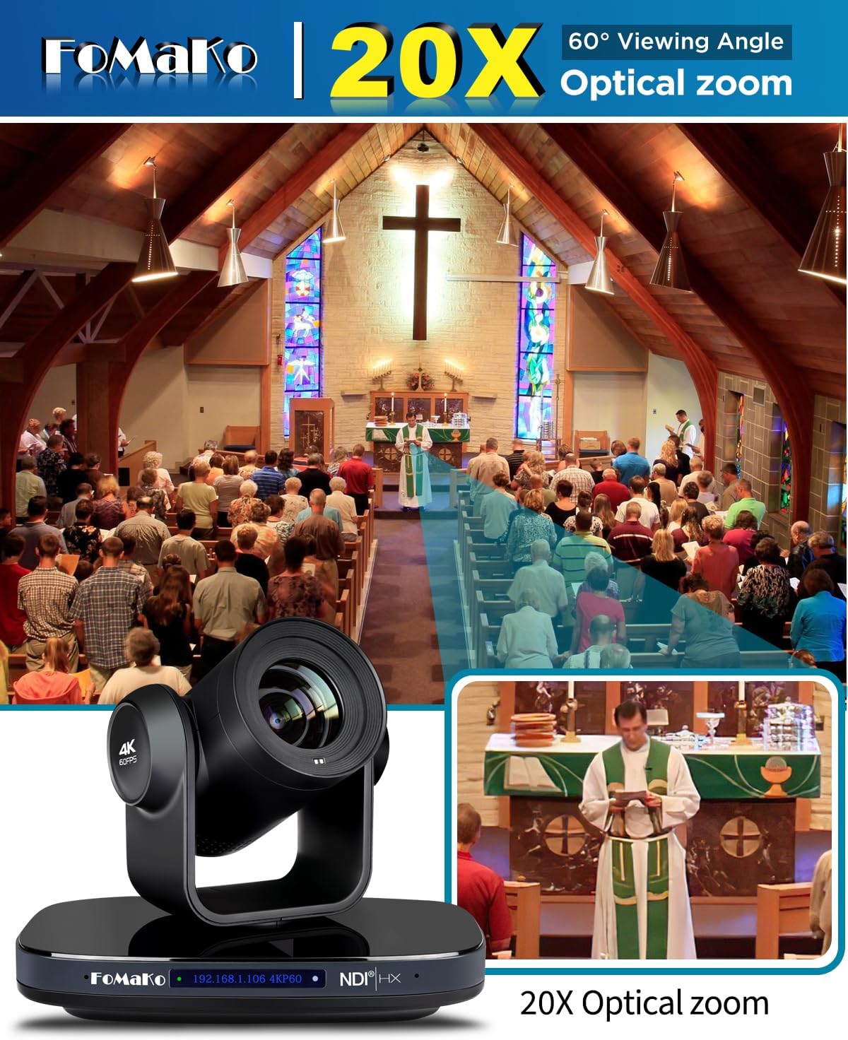 4K PTZ Kamera mit KI-Auto-Tracking & 20x Zoom, 4K 60FPS NDI PTZ Kamera