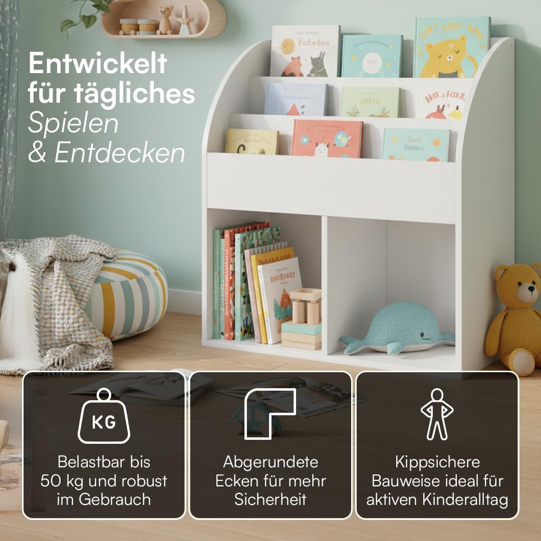 Koro Bücherregal Kinderzimmer mit 3 Fächern, 2 Faltboxen Koala/Fuchs Weiss, 2 Fächer