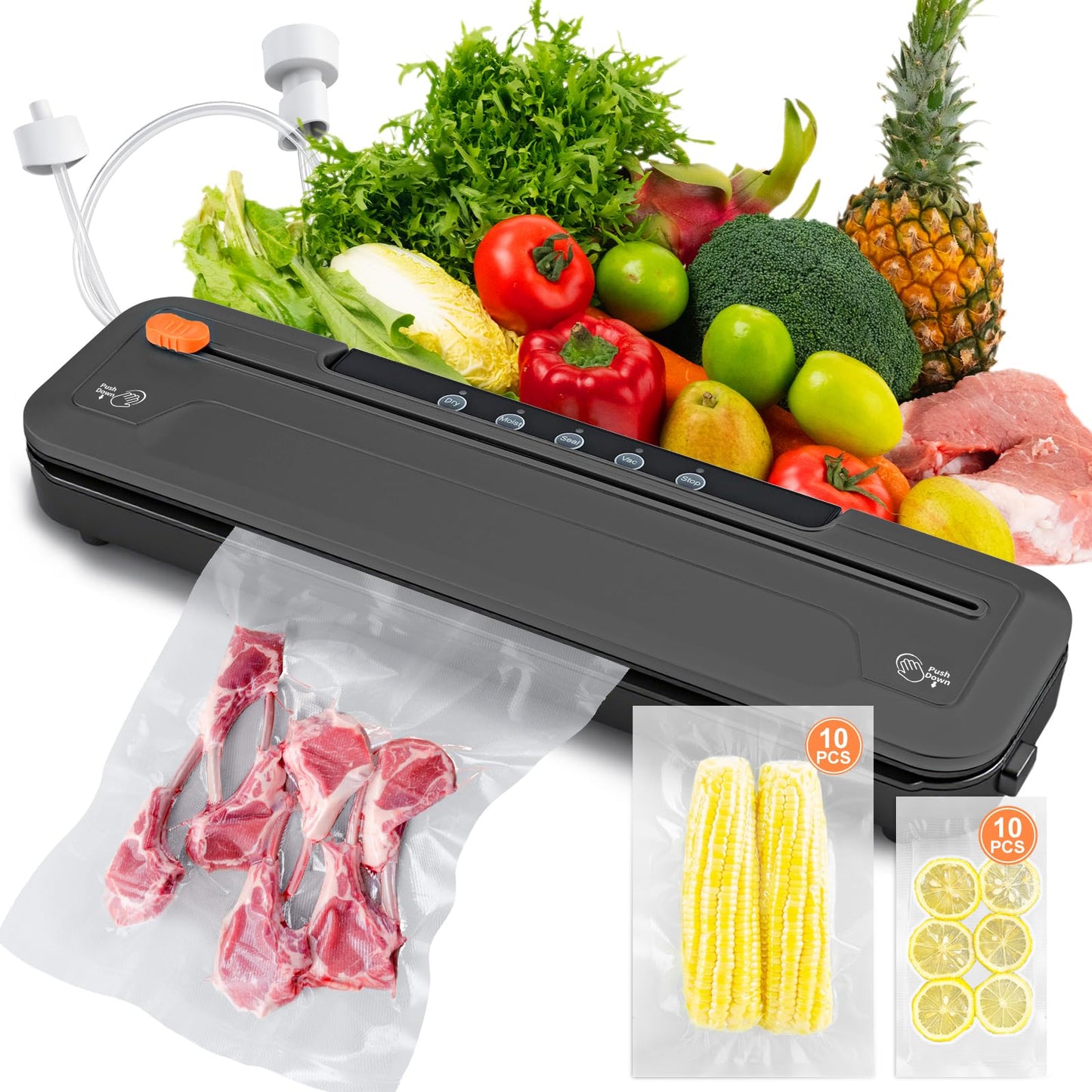 Vakuumiermaschine mit Vakuumbeuteln, Schwarz