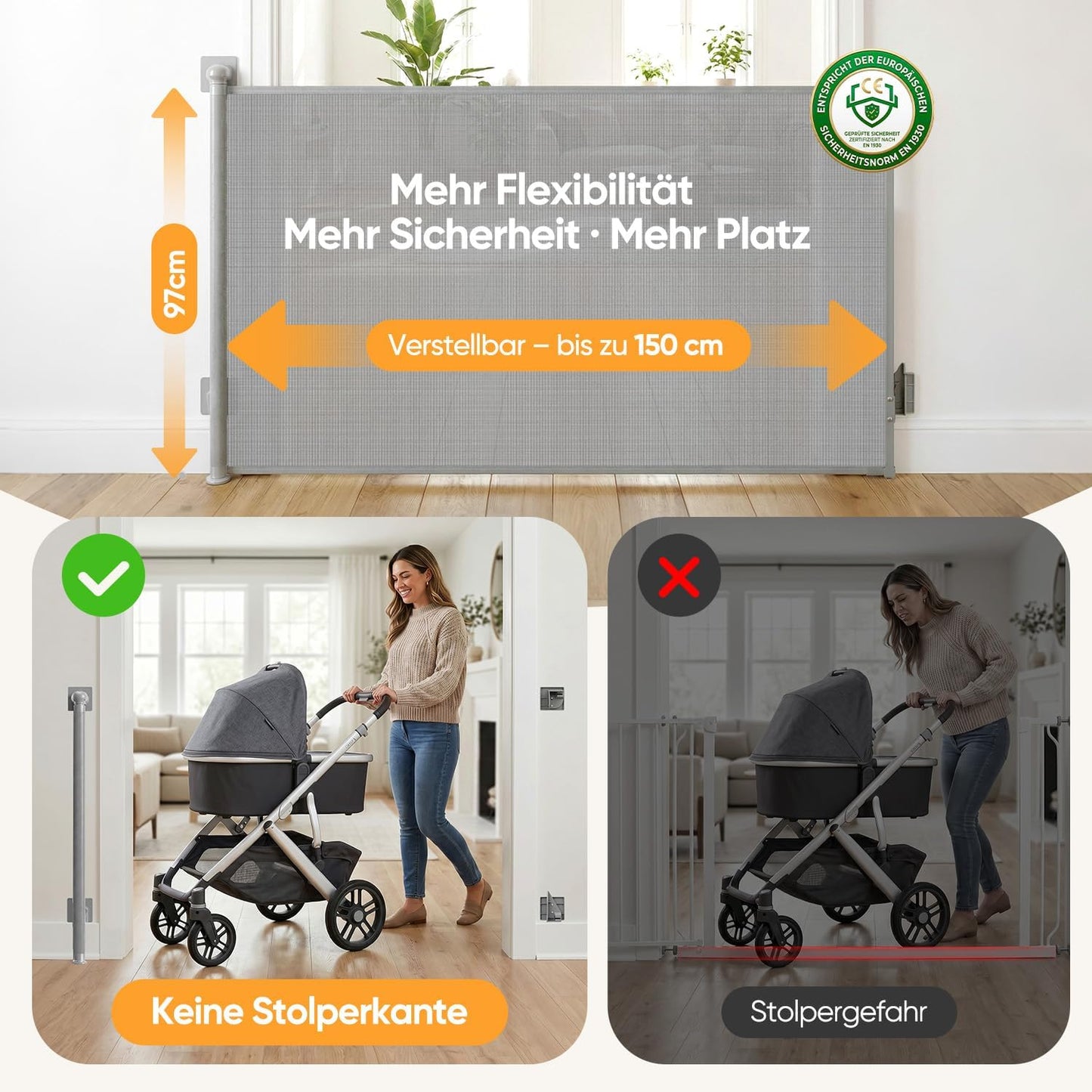 Ausziehbares Treppenschutzgitter, Grau 150cm