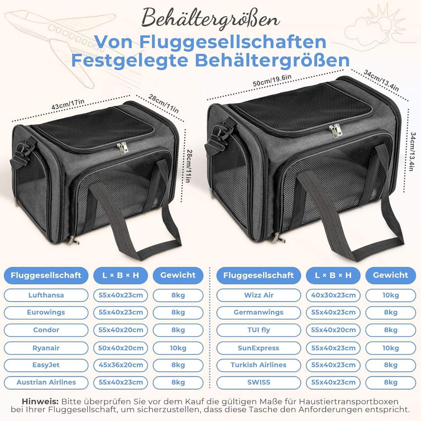 Transporttasche für Katzen und kleine Hunde (bis 8kg), 50 x 34 x 34cm Dunkelgrau