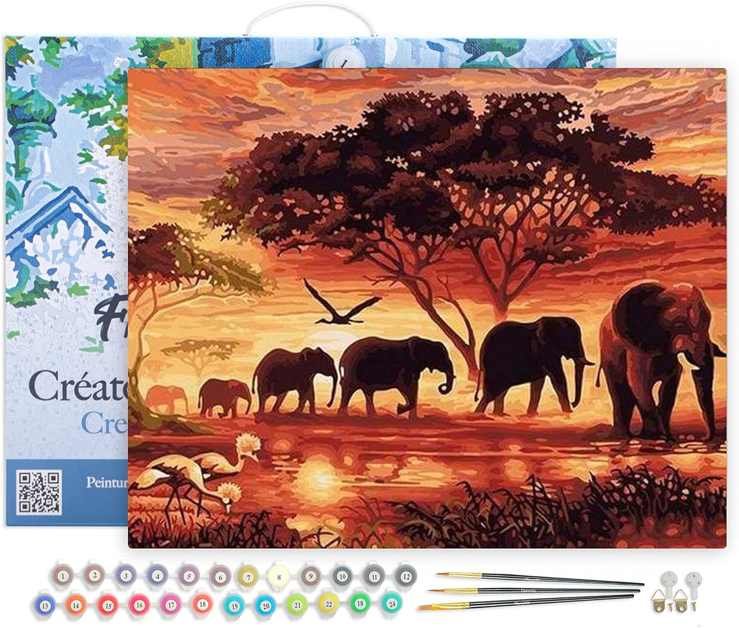 Malen nach Zahlen - Elefanten bei Sonnenuntergang auf Keilrahmen gespannt, Elefanten bei Sonnenuntergang 40x50cm Mit Rahmen (bereits gespannt)