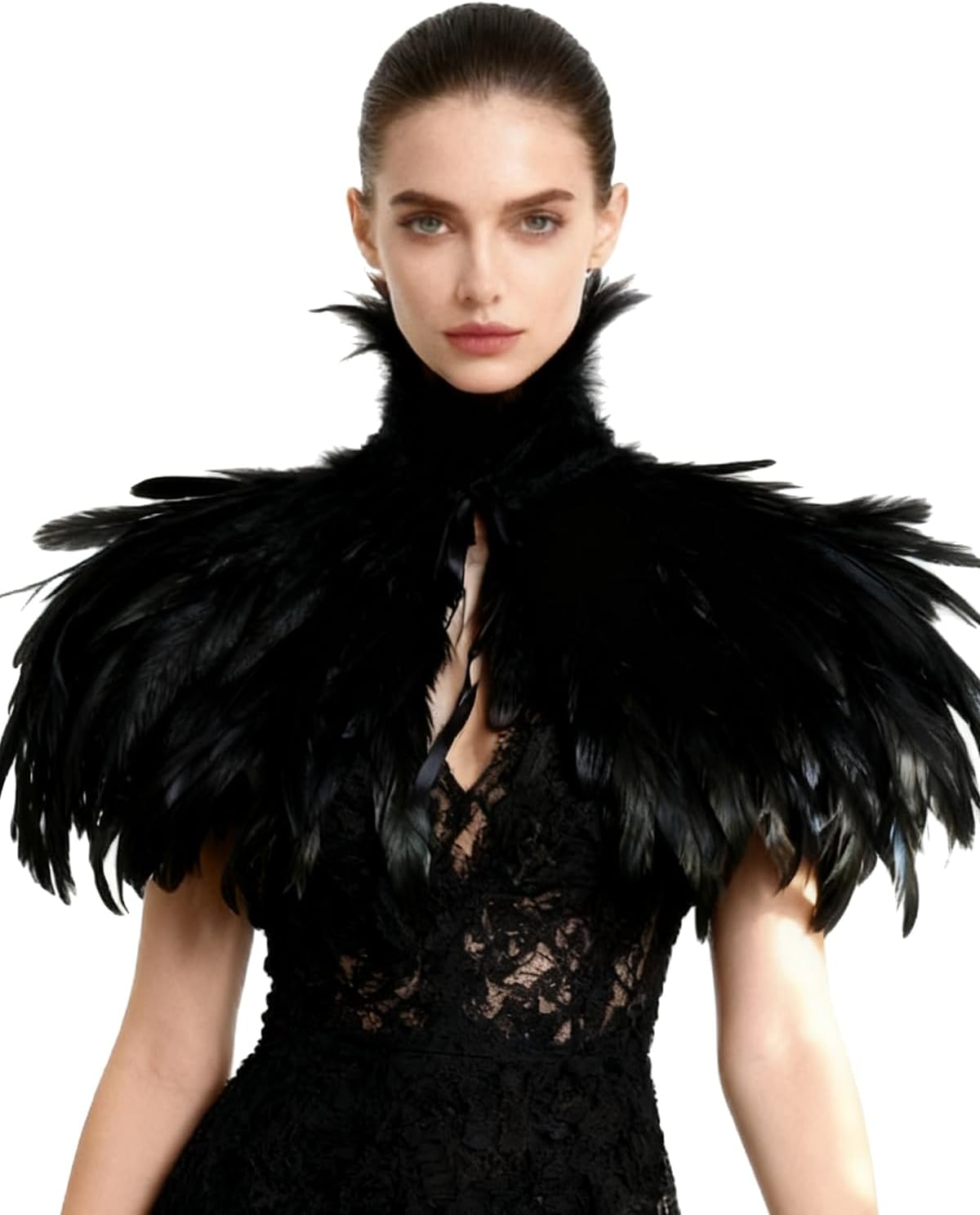 Gothic Feder-Kap Poncho mit Kragen, Schwarz