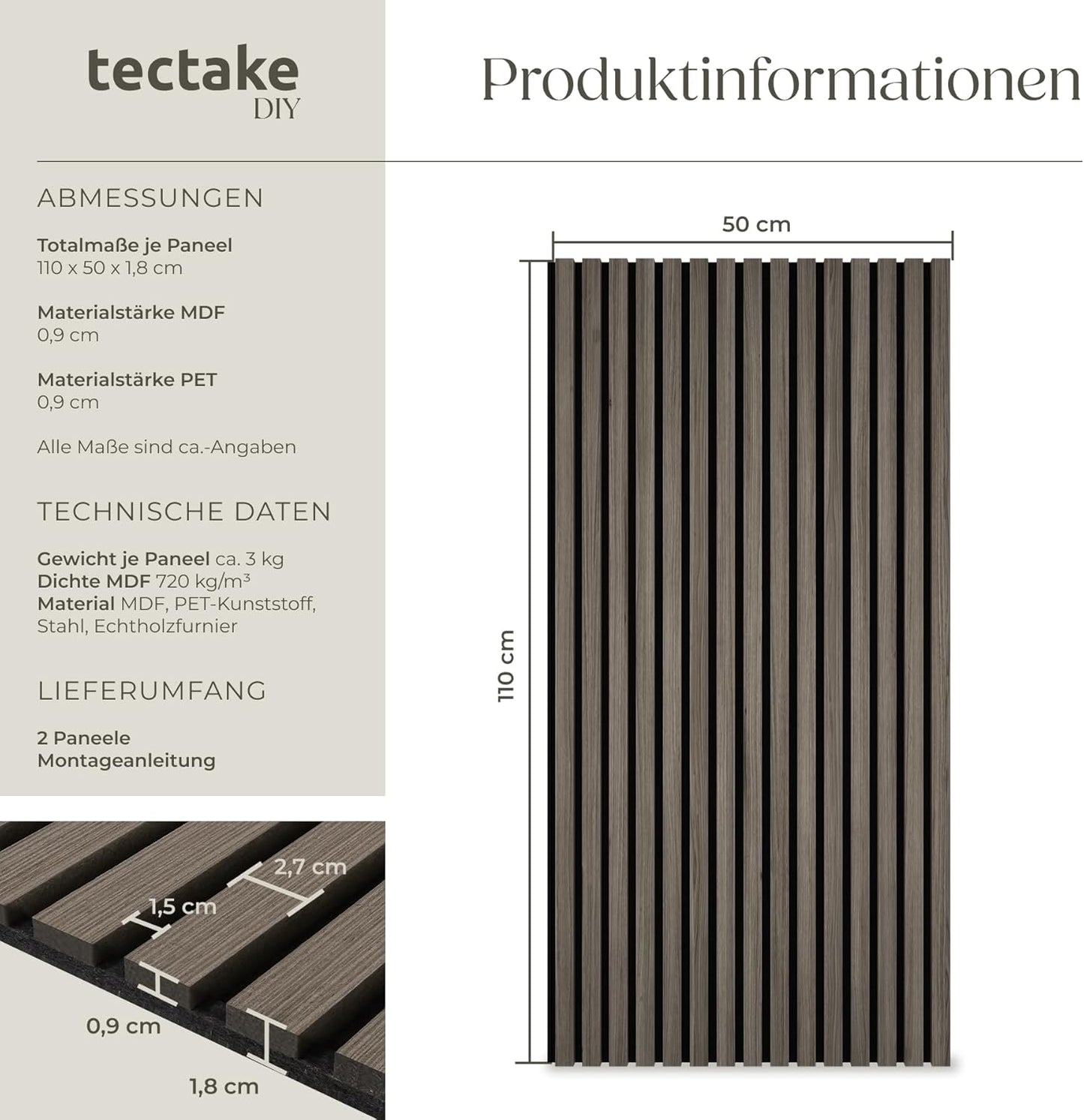 Akustikpaneele Set, 2er Set Eiche Grau