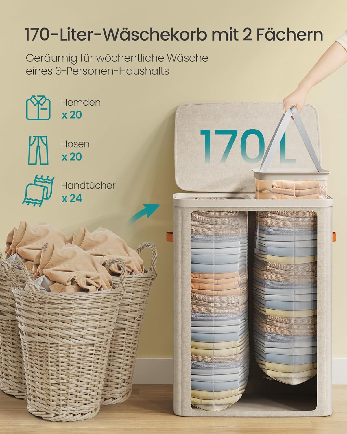Wäschesammler mit 2 Fächern und Deckel, 170 L Cappuccinobeige
